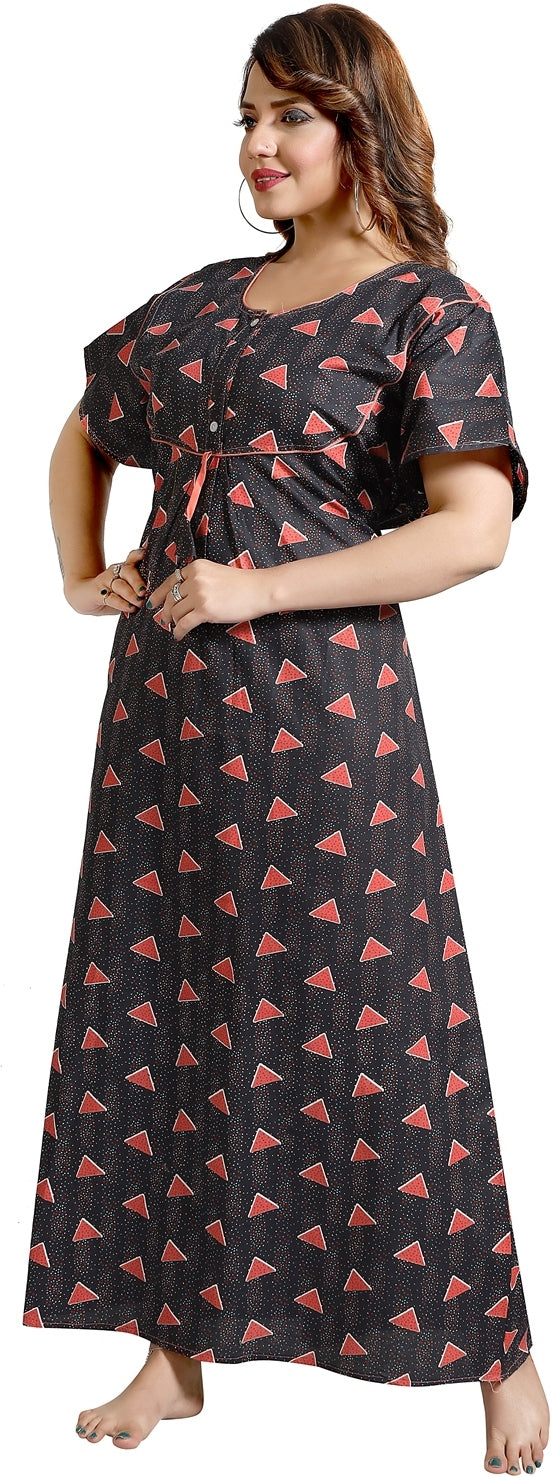 Fabme Women's Black Printed Cotton Full Length EveryDay Night Dress Nighty
