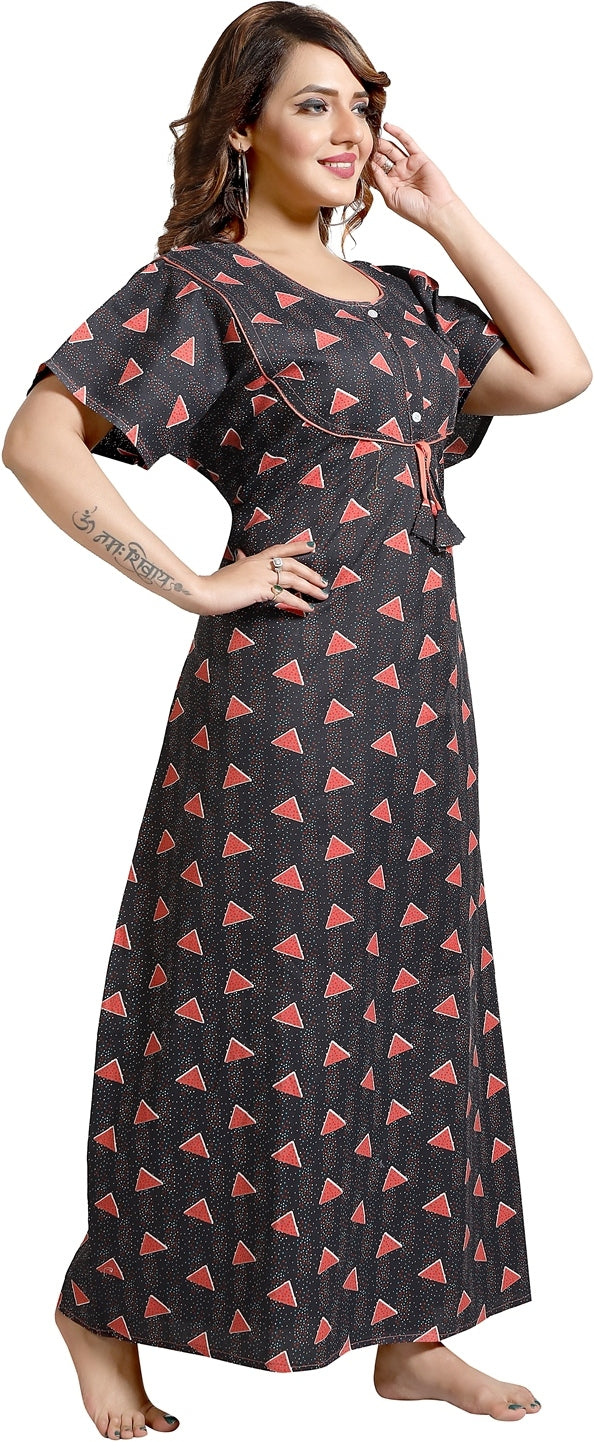 Fabme Women's Black Printed Cotton Full Length EveryDay Night Dress Nighty