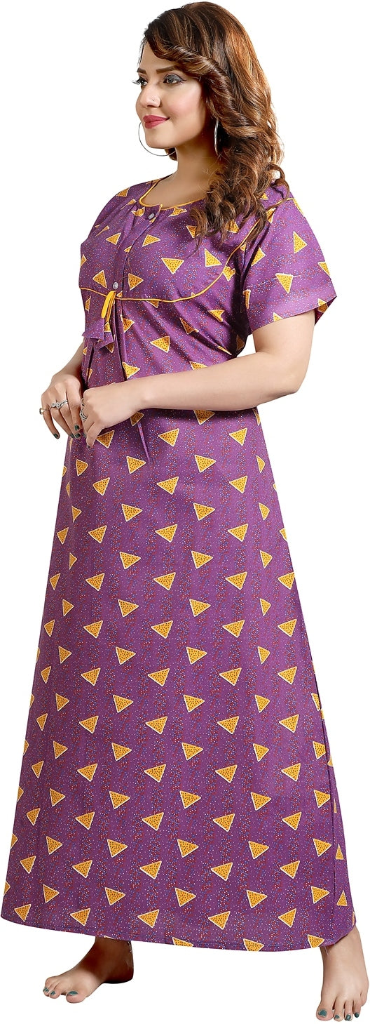 Fabme Women's Purple Printed Cotton Full Length EveryDay Night Dress Nighty