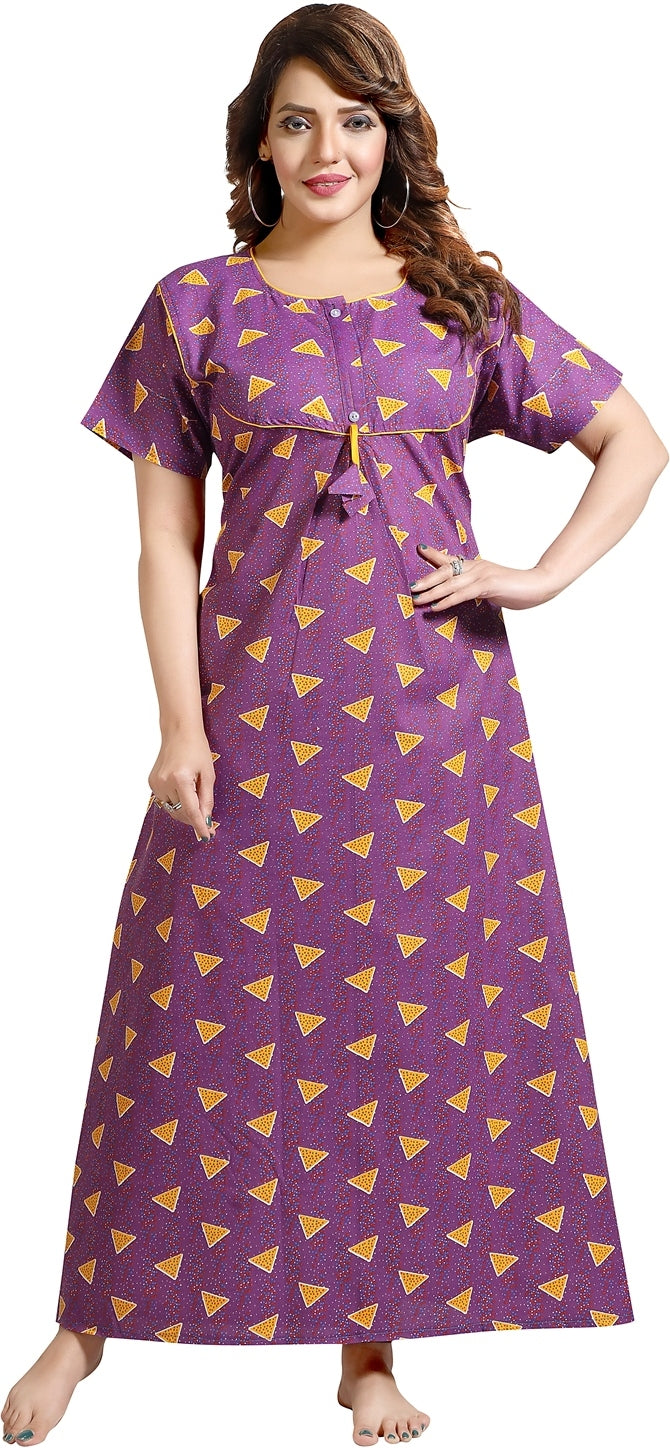 Fabme Women's Purple Printed Cotton Full Length EveryDay Night Dress Nighty
