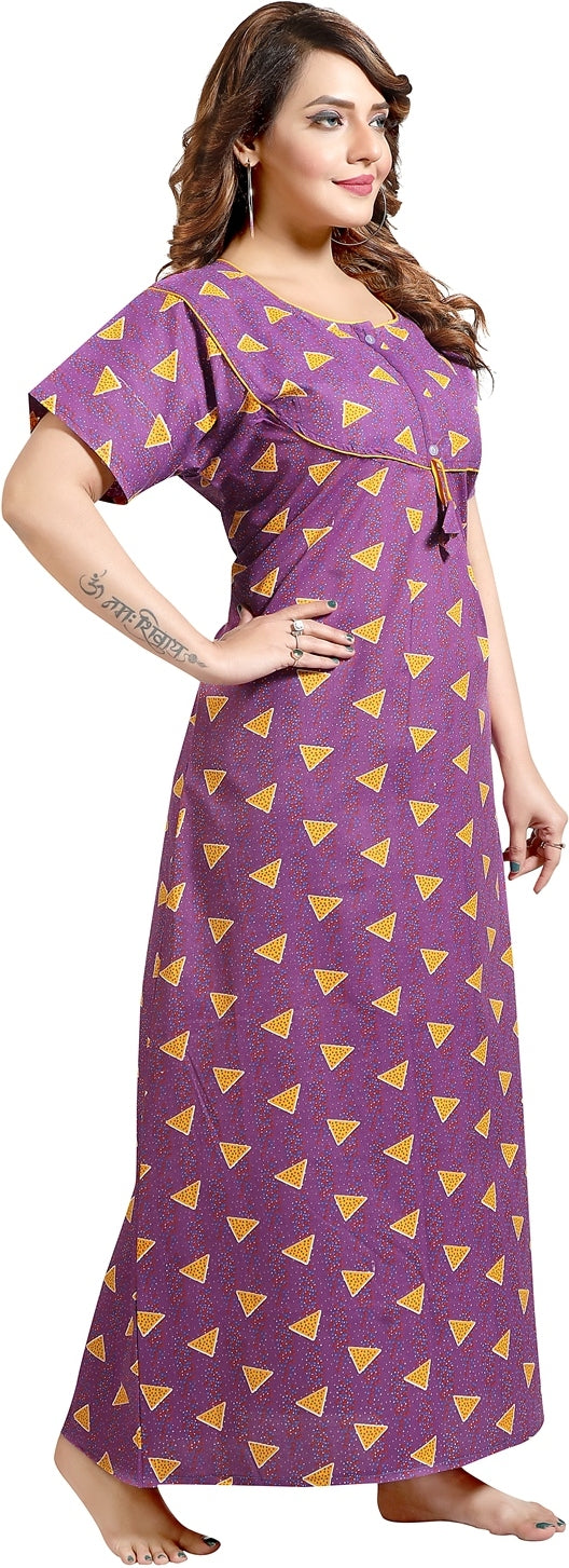 Fabme Women's Purple Printed Cotton Full Length EveryDay Night Dress Nighty