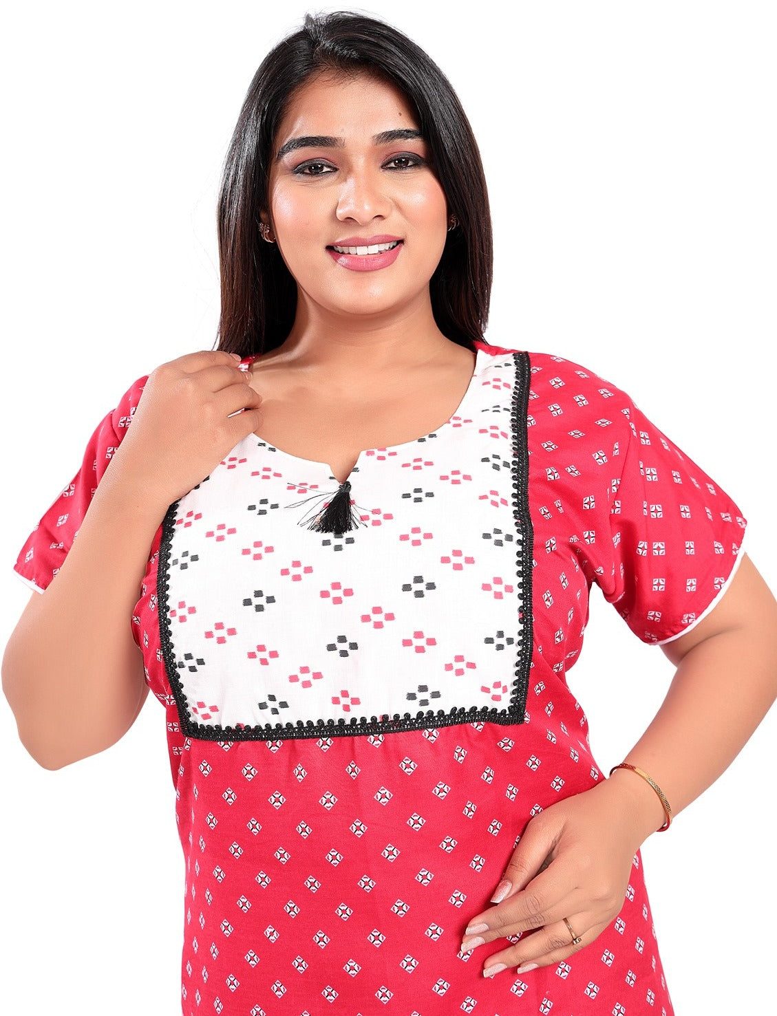 Fabme Women's Red Printed Cotton Full Length EveryDay Night Dress Nighty
