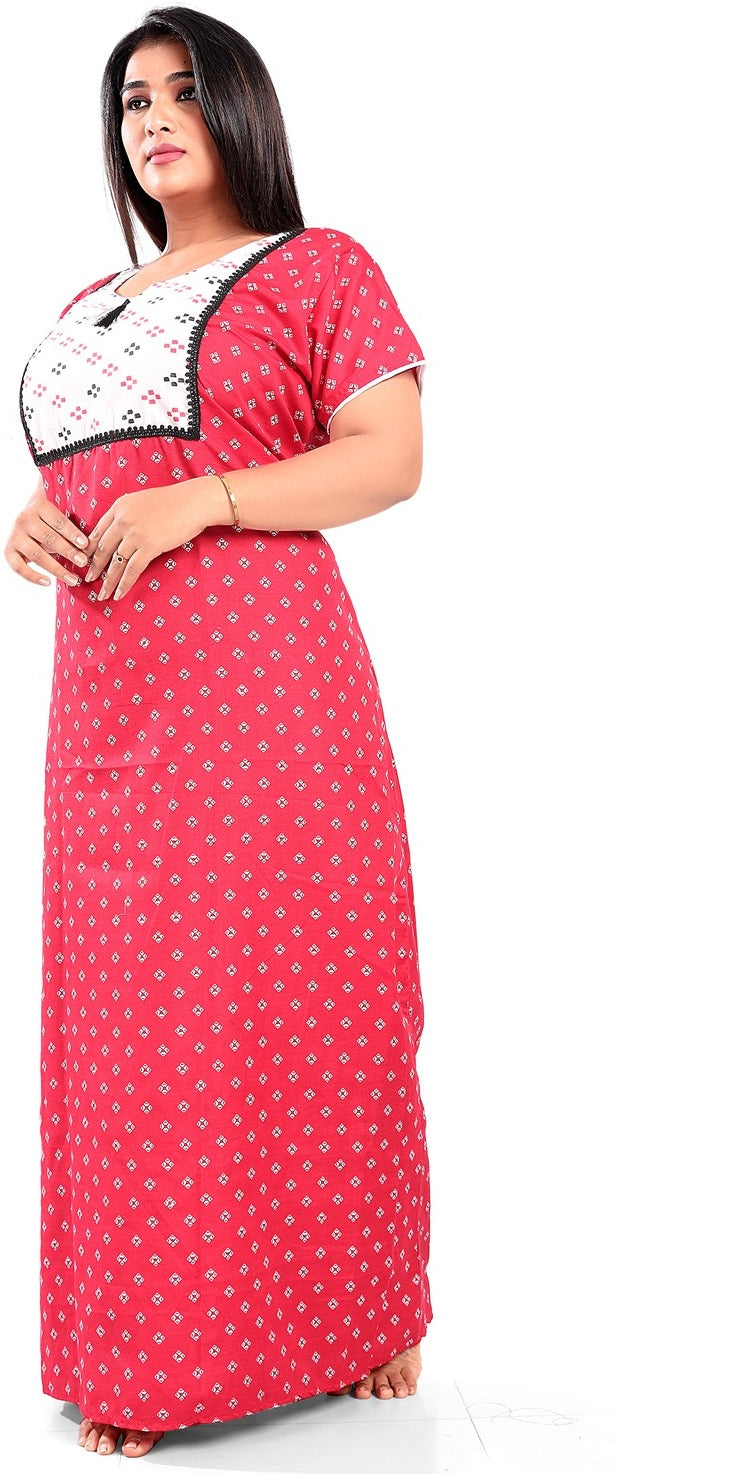 Fabme Women's Red Printed Cotton Full Length EveryDay Night Dress Nighty