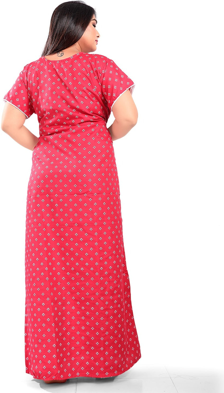 Fabme Women's Red Printed Cotton Full Length EveryDay Night Dress Nighty