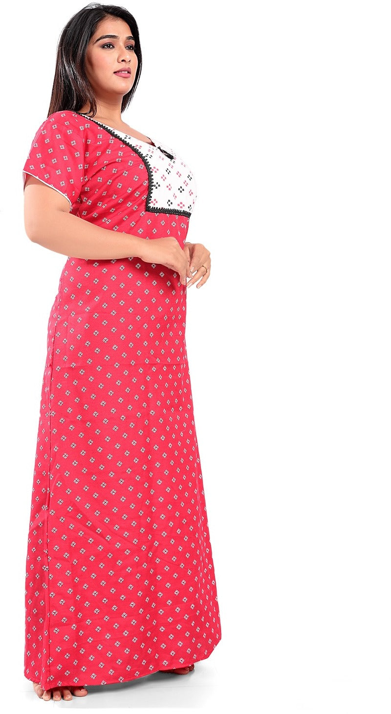 Fabme Women's Red Printed Cotton Full Length EveryDay Night Dress Nighty