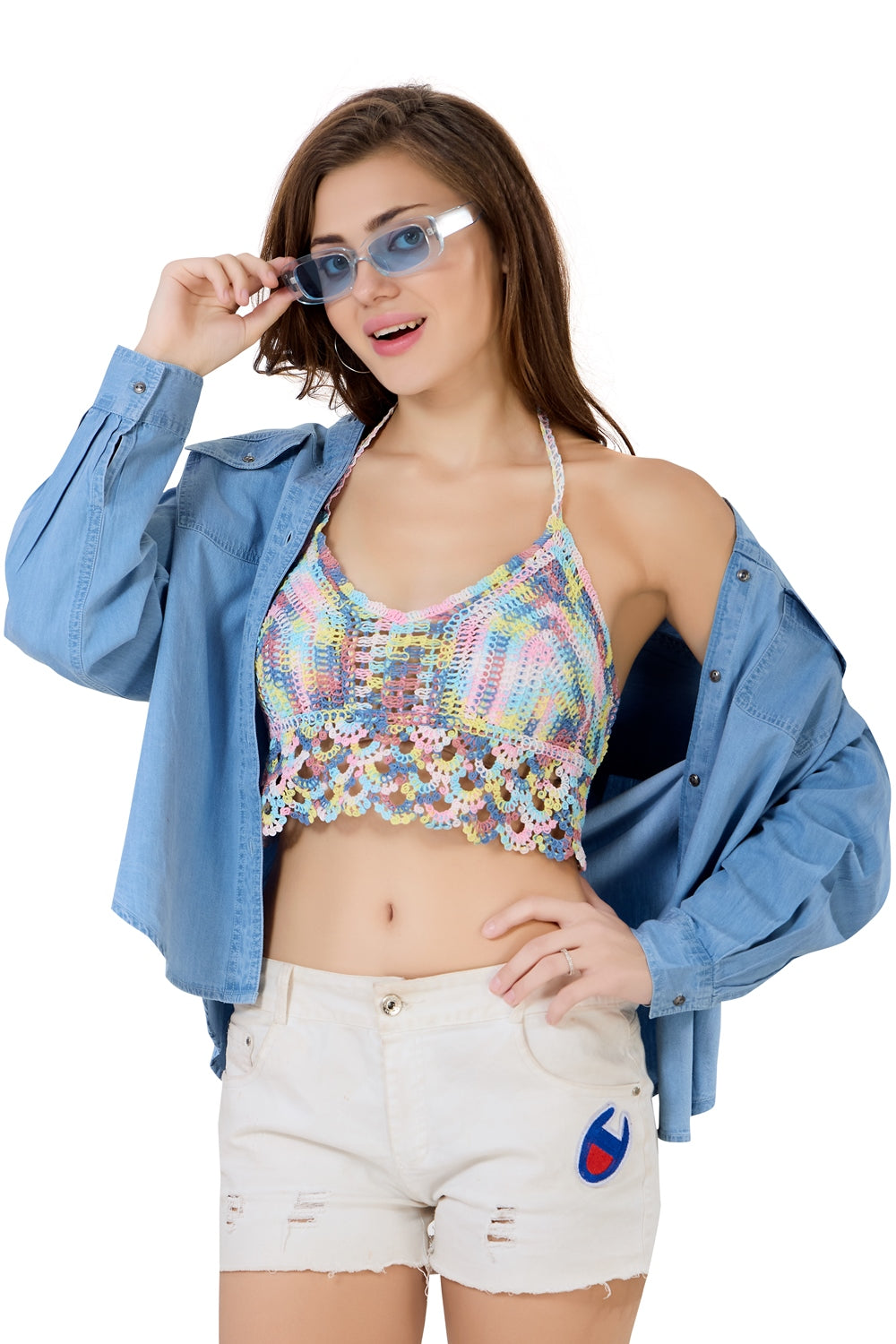 Fabme Crochet Halter Neck Padded Bikini attached Pad Lace Up Beachwear Bralette Crop Top/Bra - Multicolored