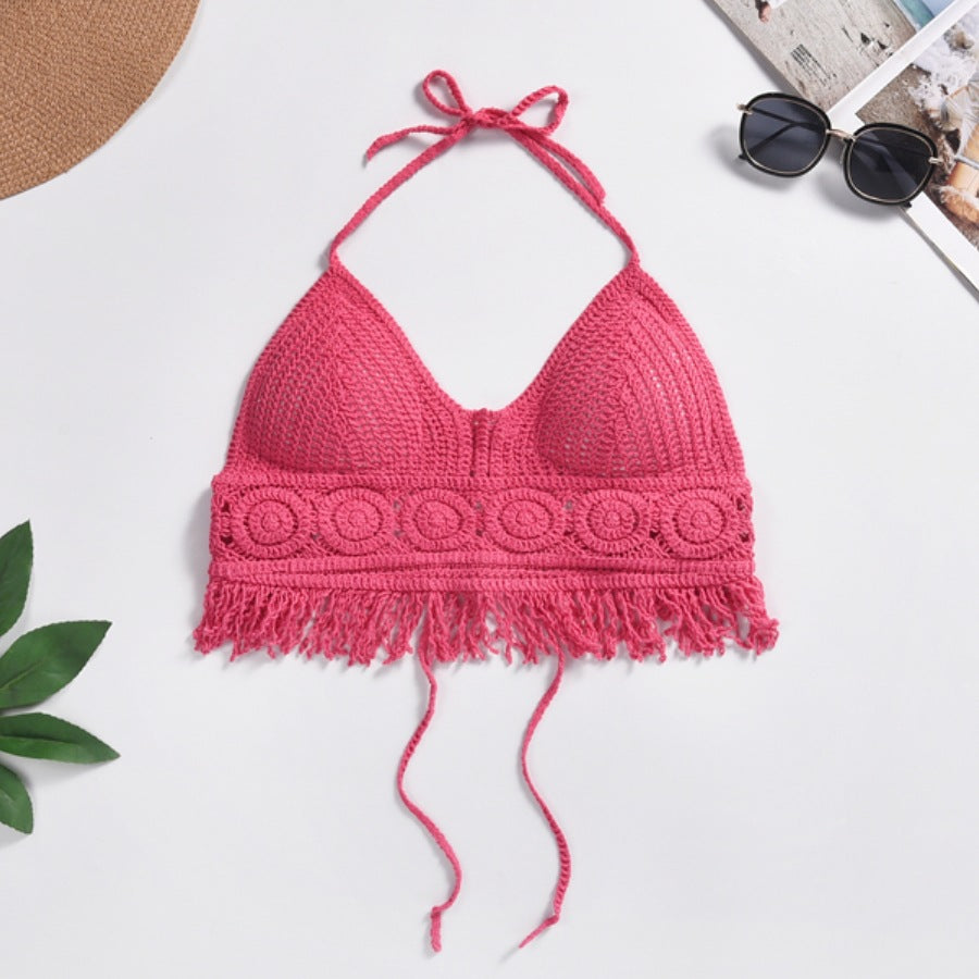 Fabme Crochet Halter Neck Padded Bikini attached Pad Lace Up Beachwear Bralette Crop Top/Bra - Dark Pink