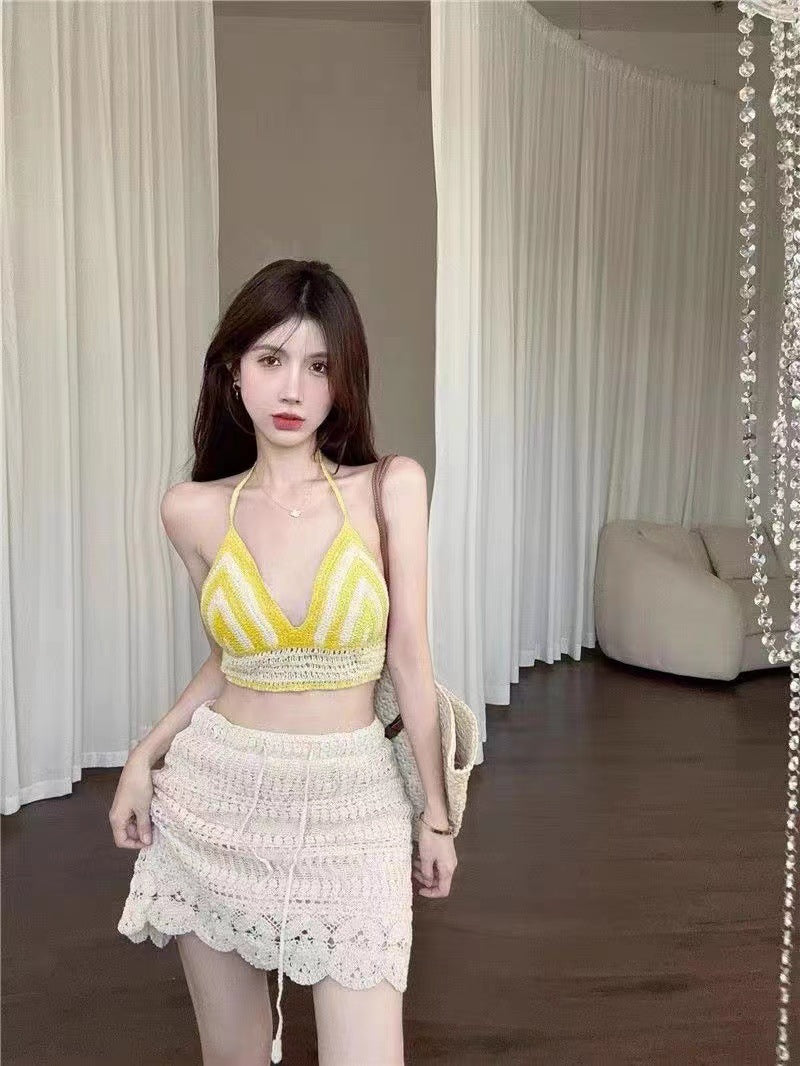 Fabme Women's Padded Crochet Halter Crop Top