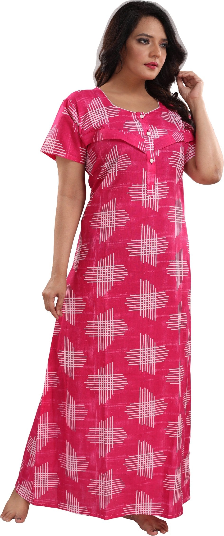 Fabme Women's Dark Pink Horizontal Zip Cotton Full Length Maternity Night Dress Nighty