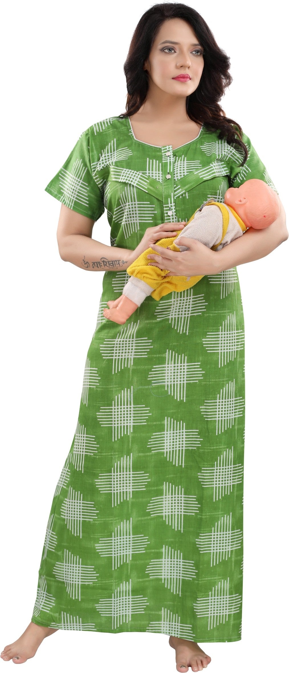 Fabme Women's Green Horizontal Zip Cotton Full Length Maternity Night Dress Nighty
