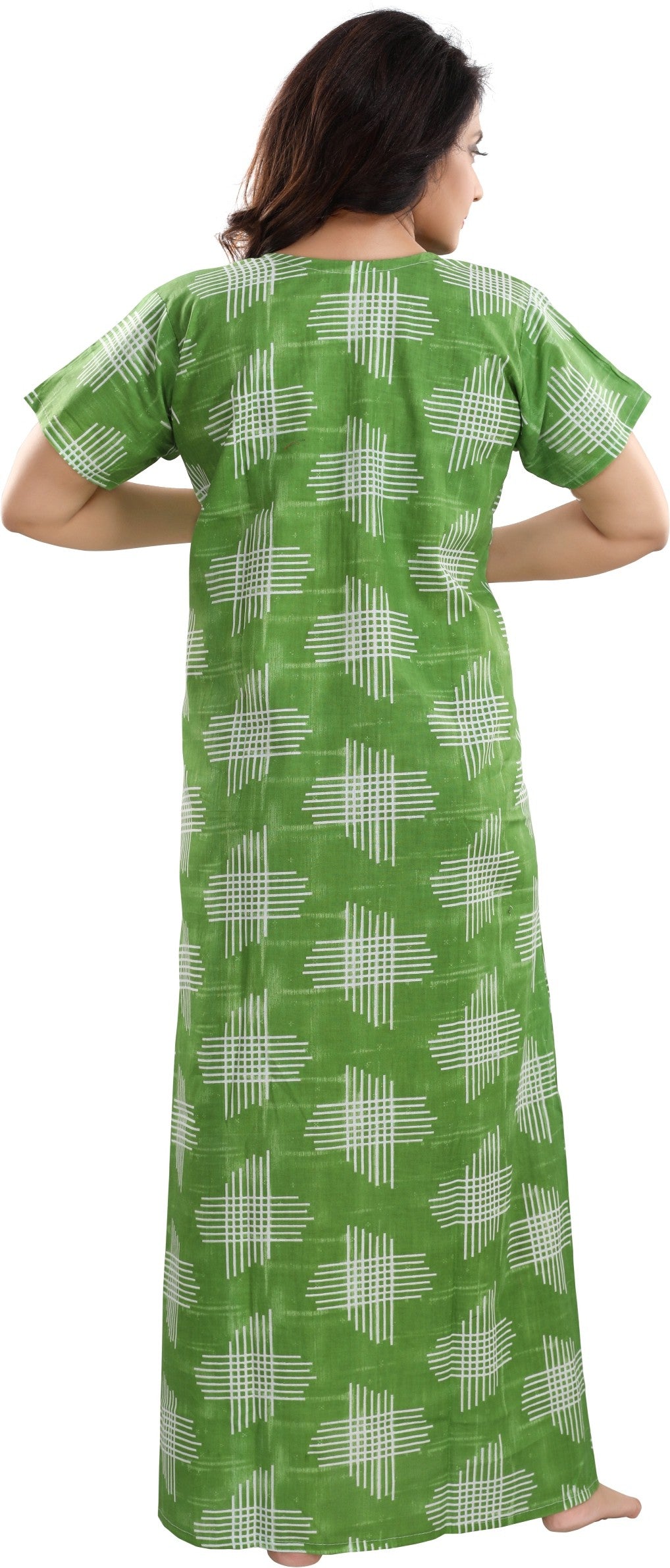Fabme Women's Green Horizontal Zip Cotton Full Length Maternity Night Dress Nighty