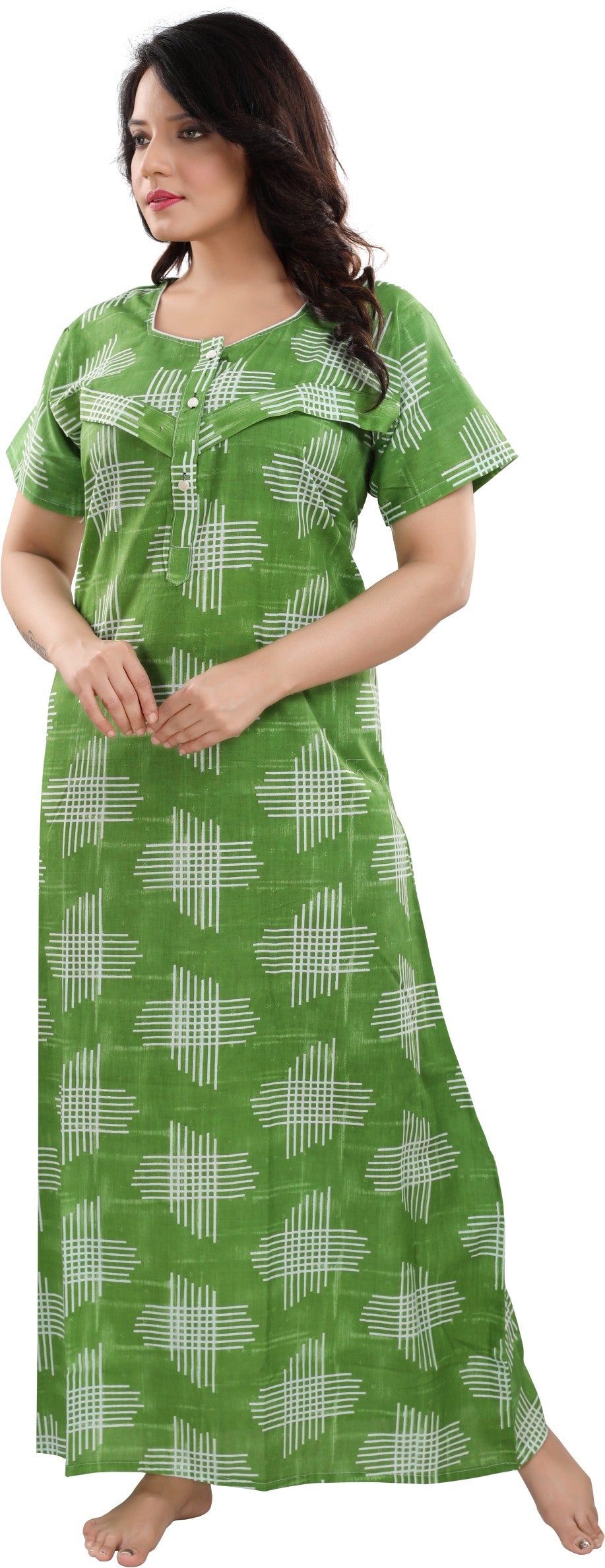 Fabme Women's Green Horizontal Zip Cotton Full Length Maternity Night Dress Nighty