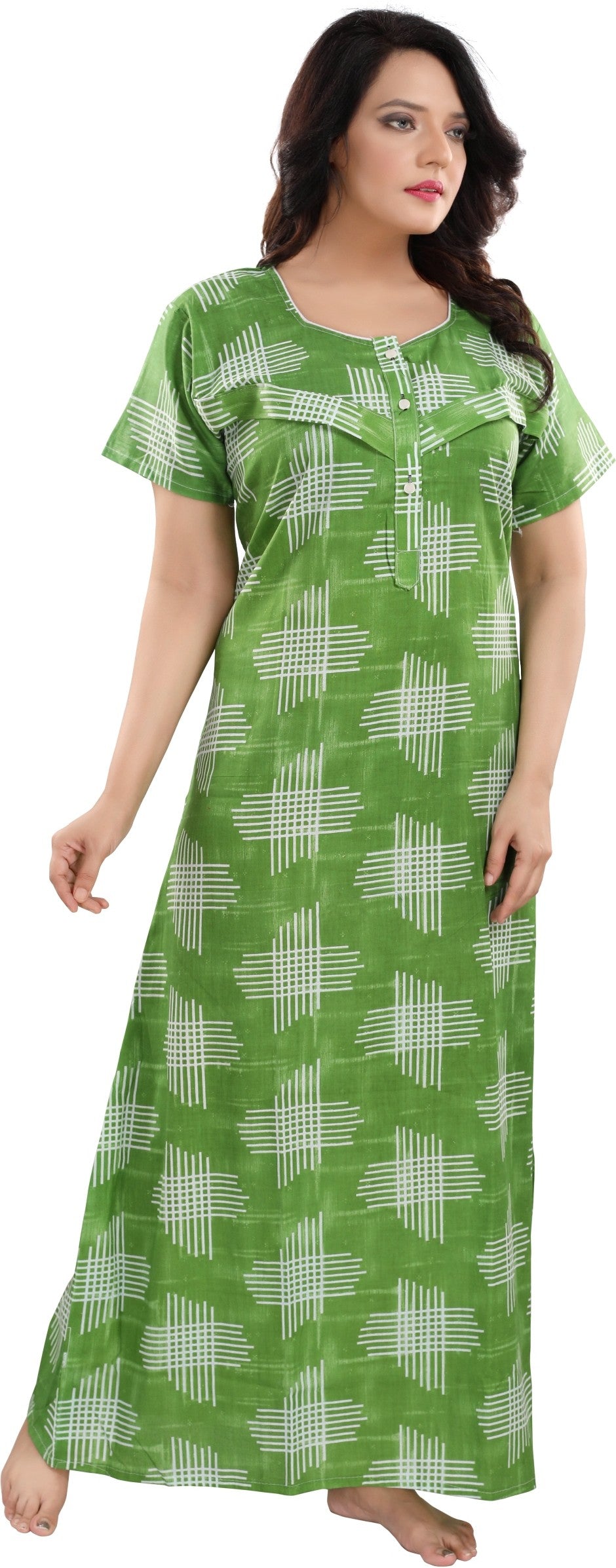 Fabme Women's Green Horizontal Zip Cotton Full Length Maternity Night Dress Nighty