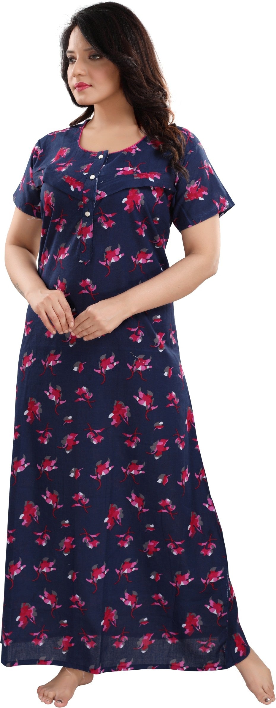 Fabme Women's Dark Pink Horizontal Zip Cotton Full Length Maternity Night Dress Nighty