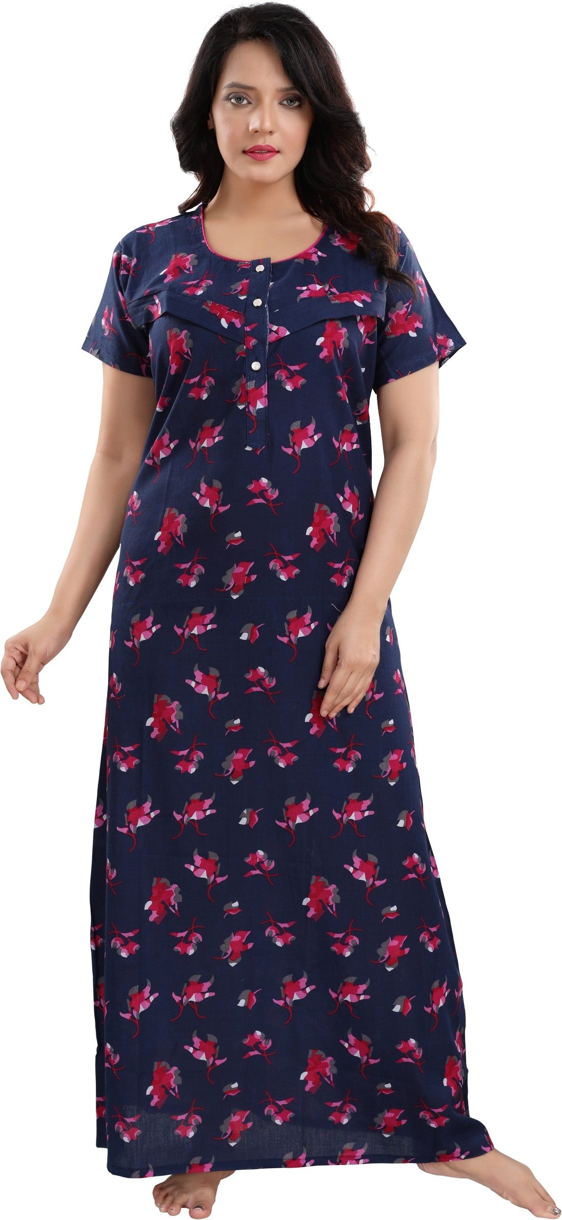 Fabme Women's Dark Pink Horizontal Zip Cotton Full Length Maternity Night Dress Nighty