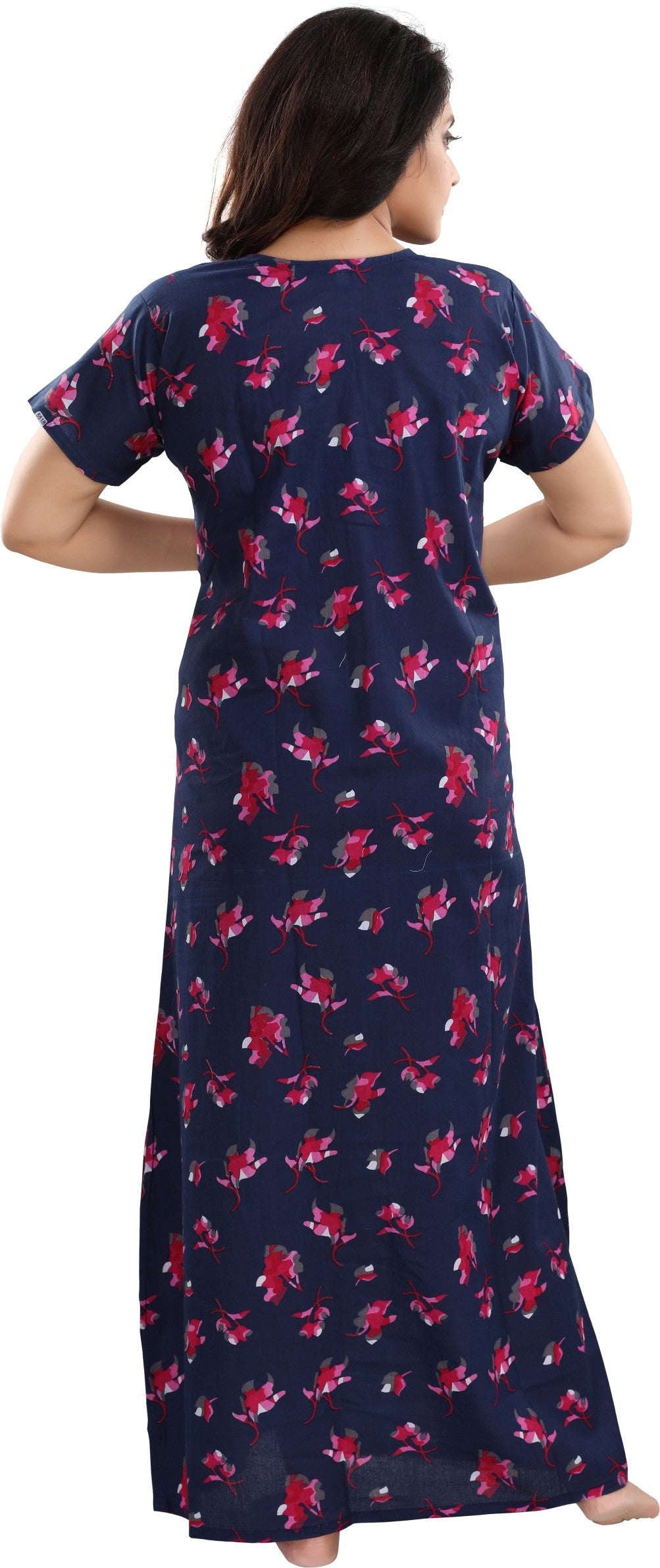 Fabme Women's Dark Pink Horizontal Zip Cotton Full Length Maternity Night Dress Nighty