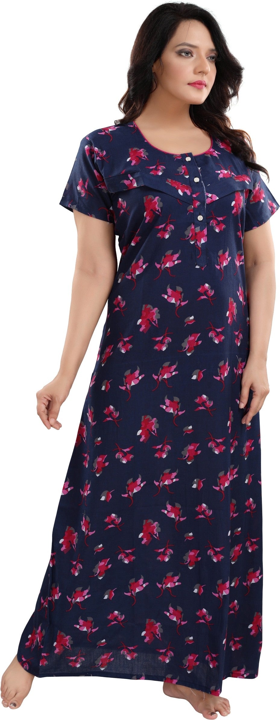 Fabme Women's Dark Pink Horizontal Zip Cotton Full Length Maternity Night Dress Nighty