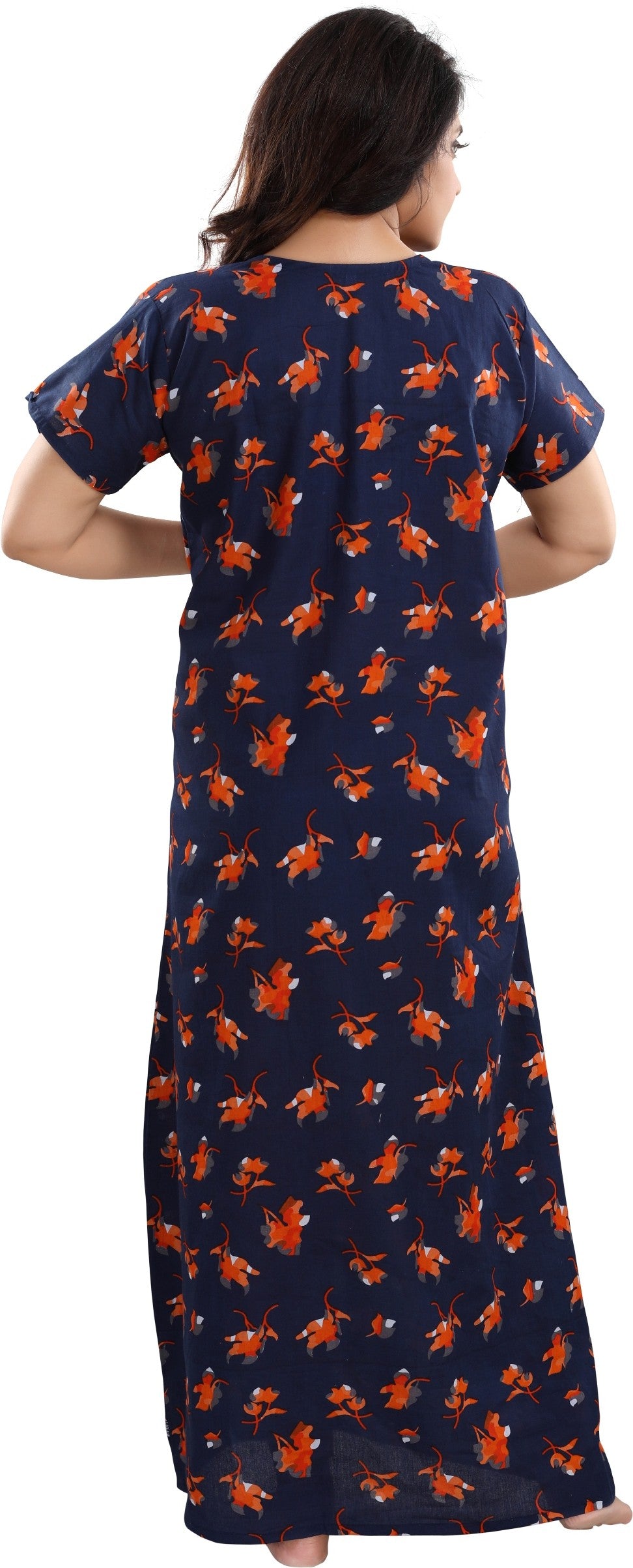 Fabme Women's Orange Horizontal Zip Cotton Full Length Maternity Night Dress Nighty