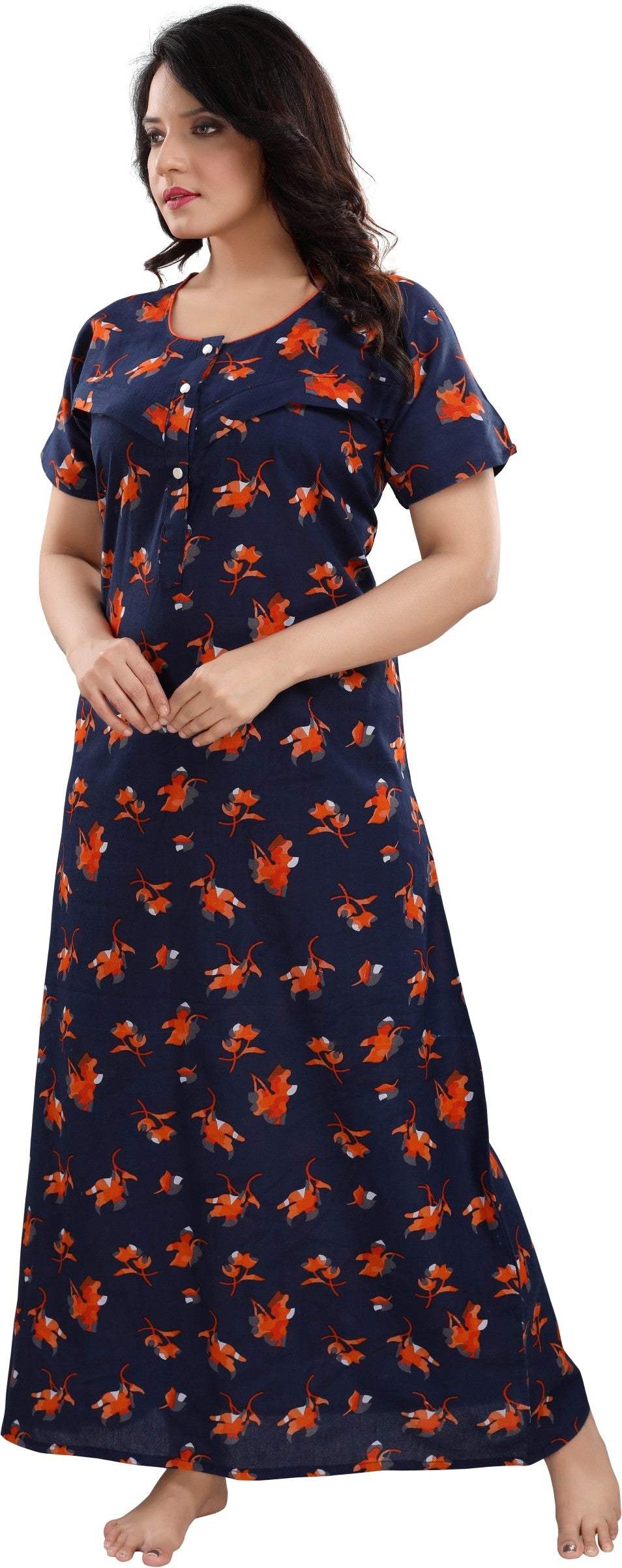 Fabme Women's Orange Horizontal Zip Cotton Full Length Maternity Night Dress Nighty