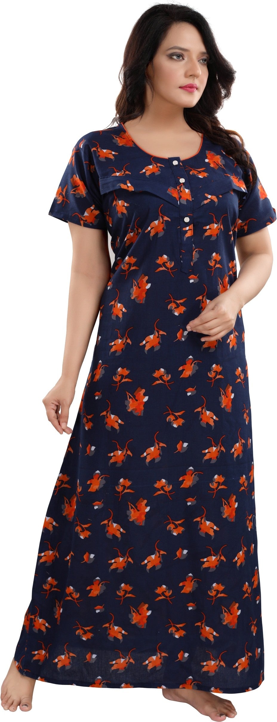Fabme Women's Orange Horizontal Zip Cotton Full Length Maternity Night Dress Nighty