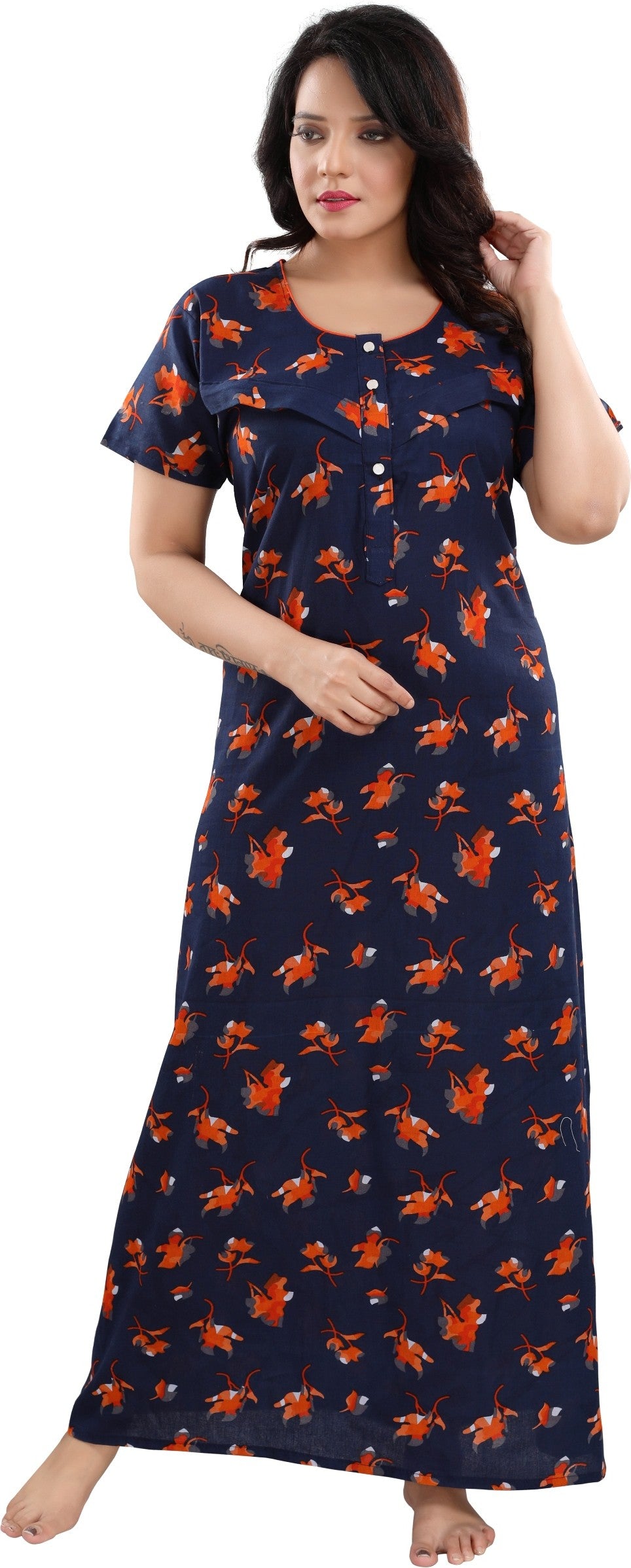 Fabme Women's Orange Horizontal Zip Cotton Full Length Maternity Night Dress Nighty
