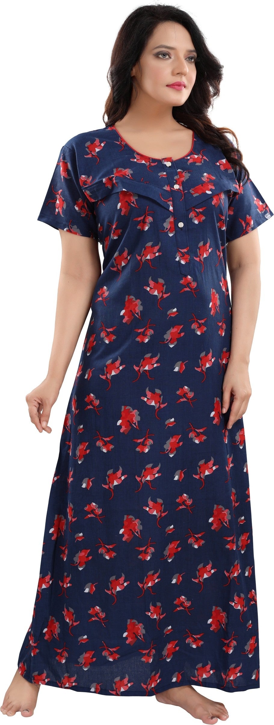 Fabme Women's Red Horizontal Zip Cotton Full Length Maternity Night Dress Nighty