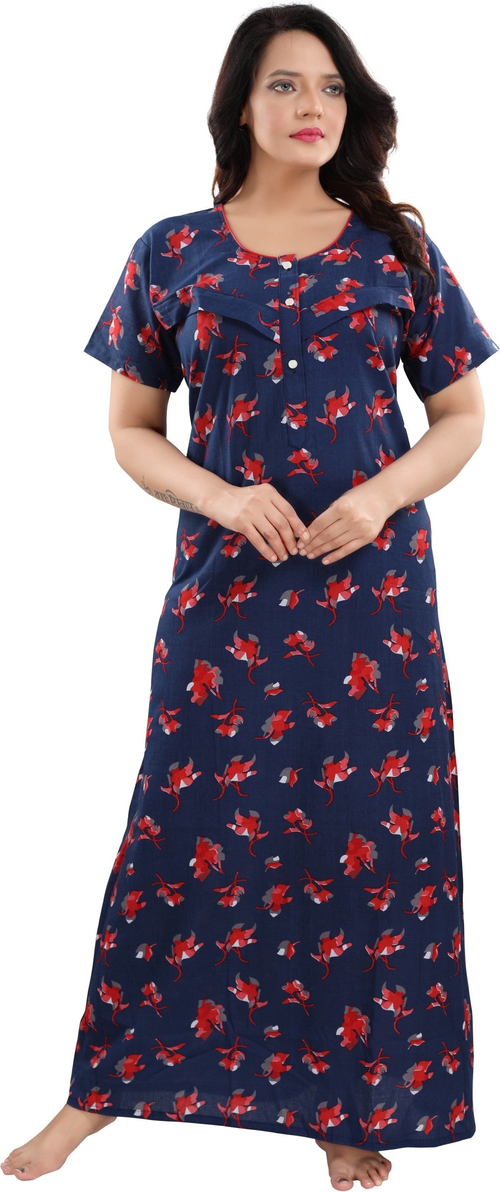 Fabme Women's Red Horizontal Zip Cotton Full Length Maternity Night Dress Nighty
