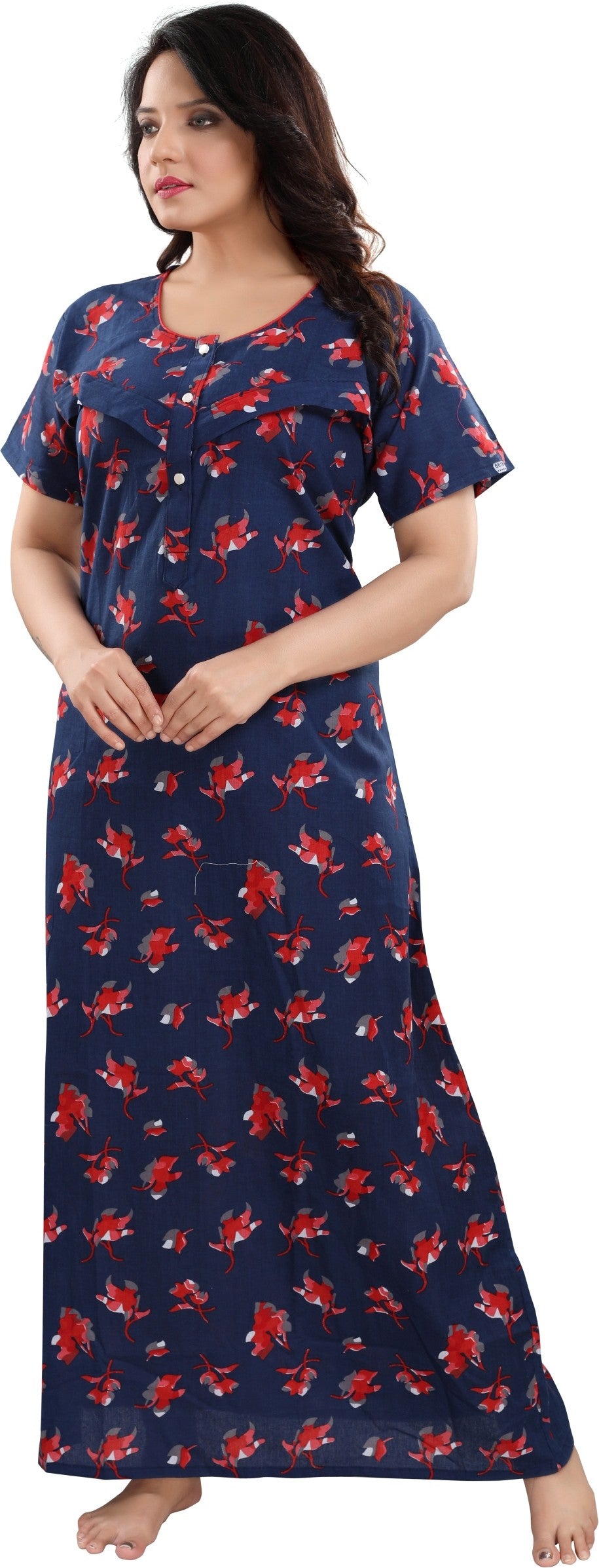 Fabme Women's Red Horizontal Zip Cotton Full Length Maternity Night Dress Nighty