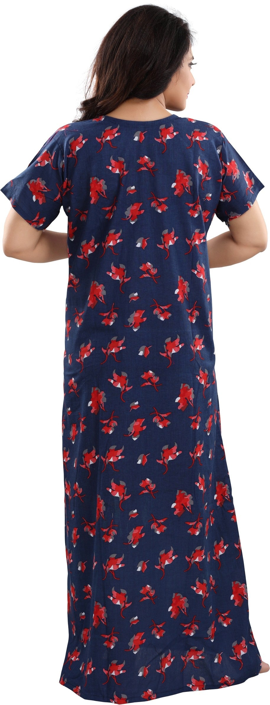 Fabme Women's Red Horizontal Zip Cotton Full Length Maternity Night Dress Nighty