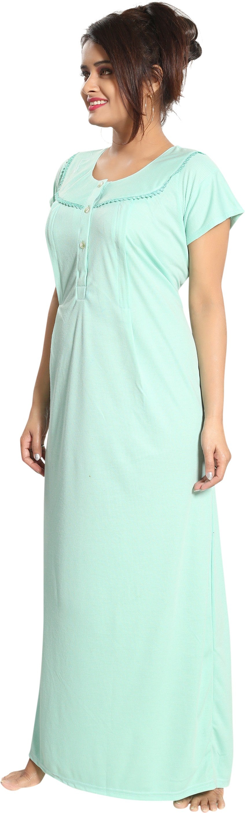Fabme Women's Light Green Vertical Zip Polycotton Full Length Maternity Night Dress Nighty