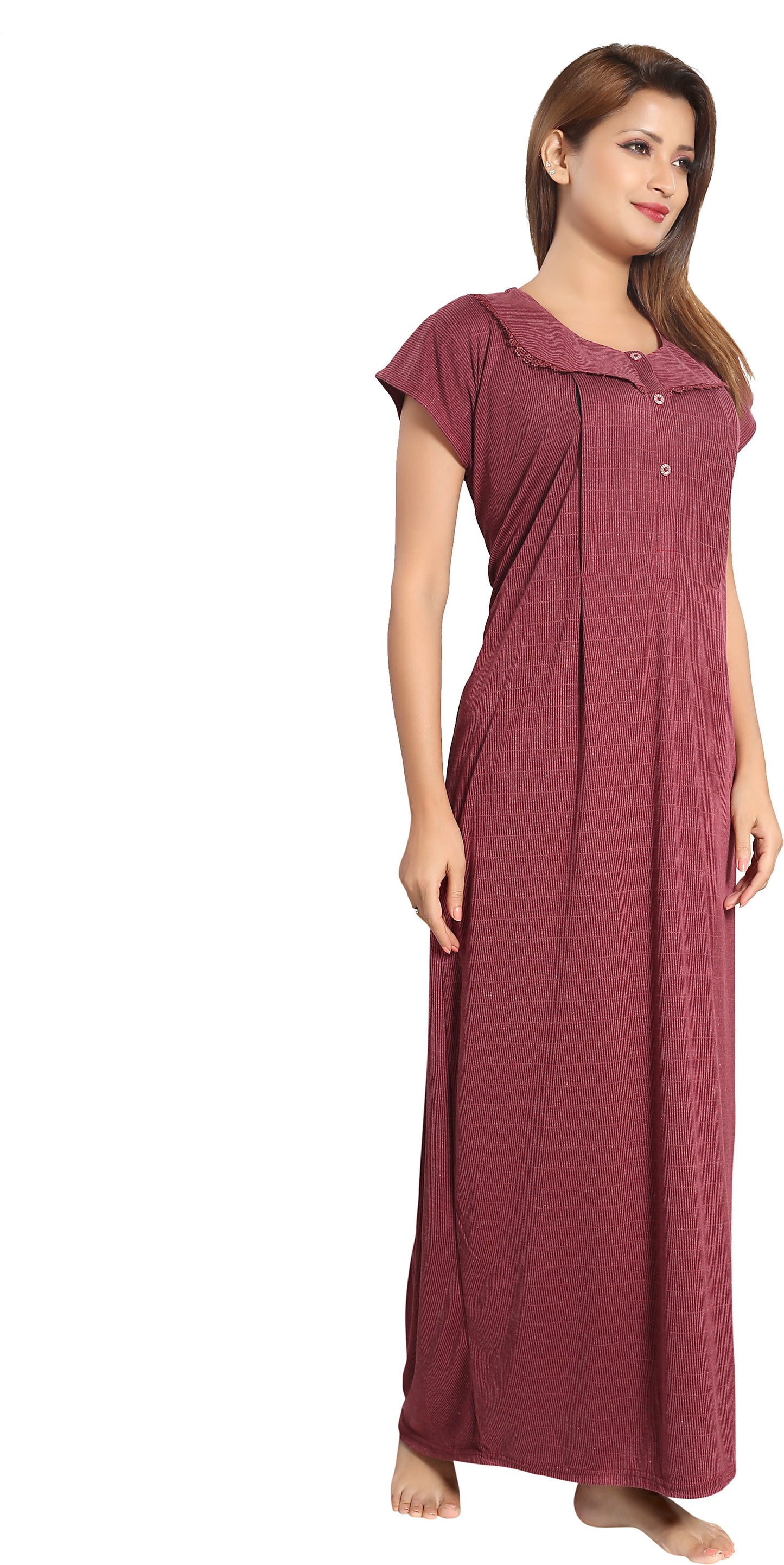 Fabme Women's Maroon Vertical Zip Polycotton Full Length Maternity Night Dress Nighty