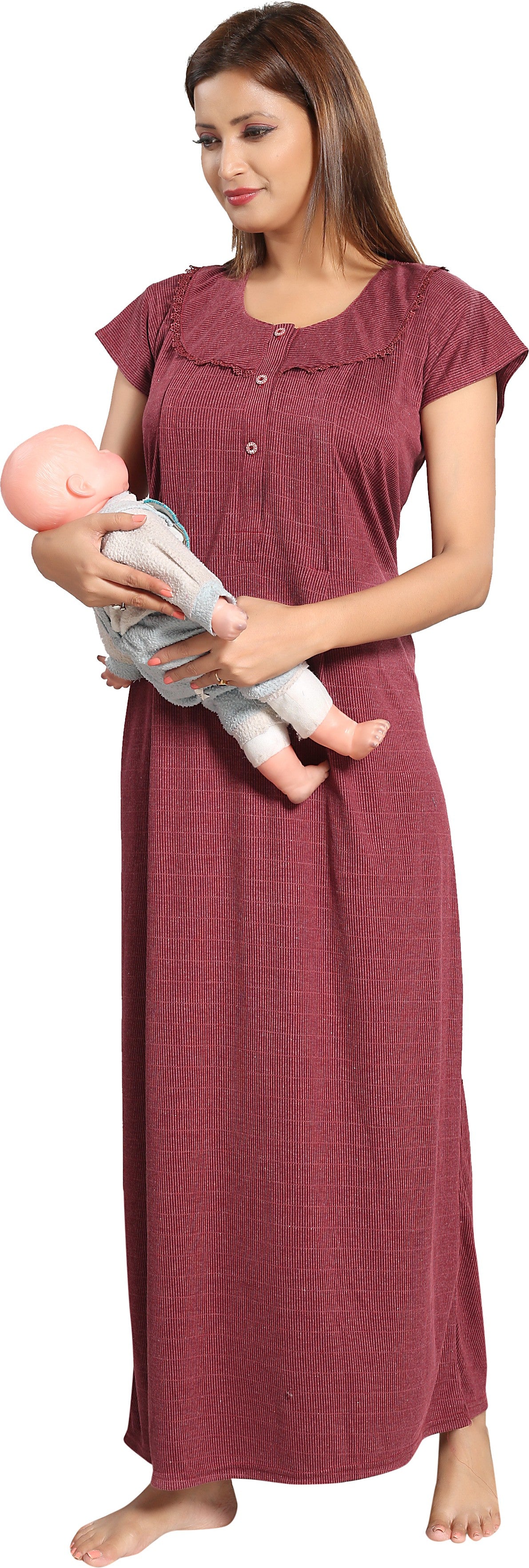 Fabme Women's Maroon Vertical Zip Polycotton Full Length Maternity Night Dress Nighty