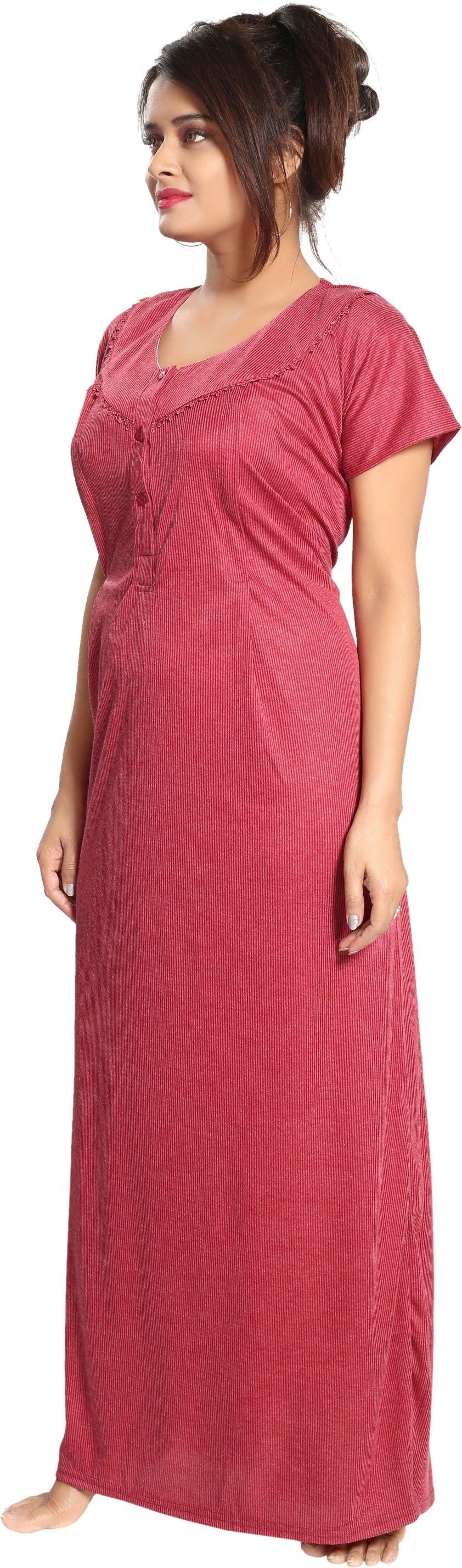 Fabme Women's Red Vertical Zip Polycotton Full Length Maternity Night Dress Nighty