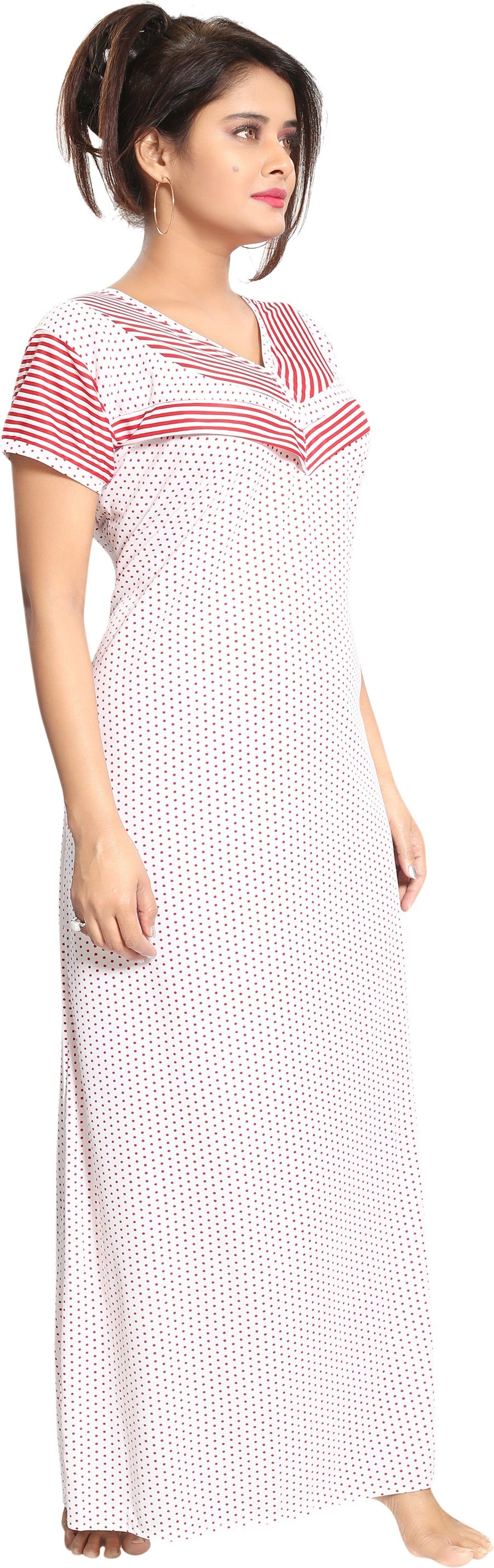 Fabme Women's Red Horizontal Zip Sarina Satin / Polyester Full Length Maternity Night Dress Nighty