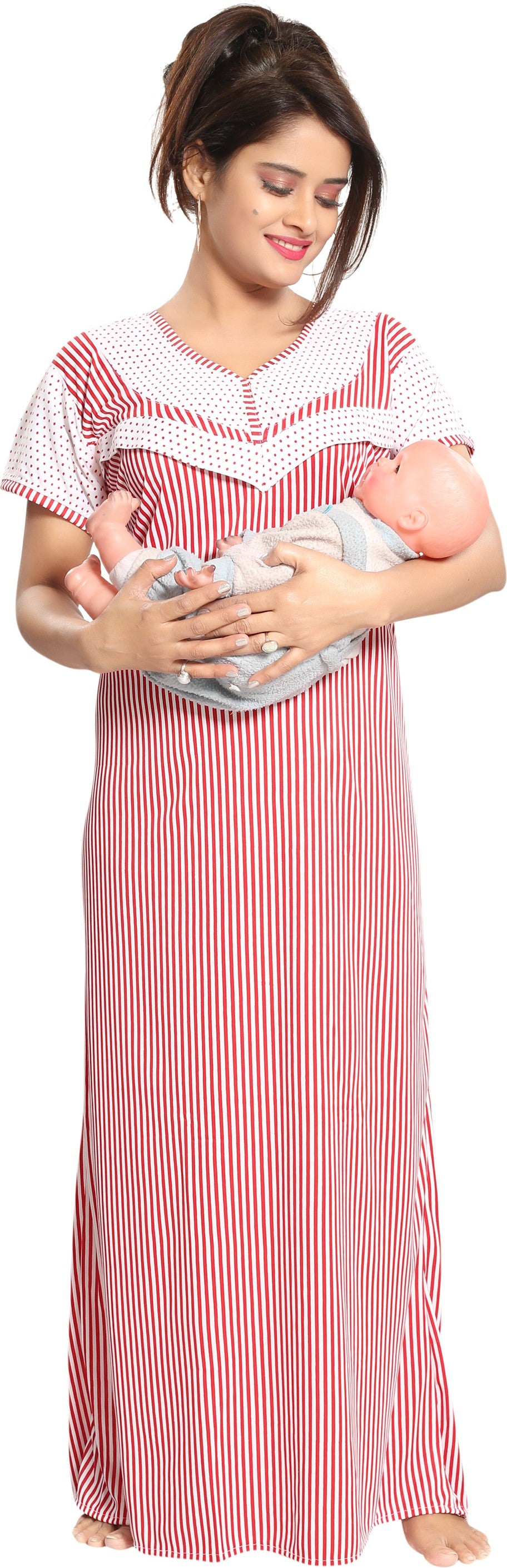 Fabme Women's Red Horizontal Zip Sarina Satin / Polyester Full Length Maternity Night Dress Nighty
