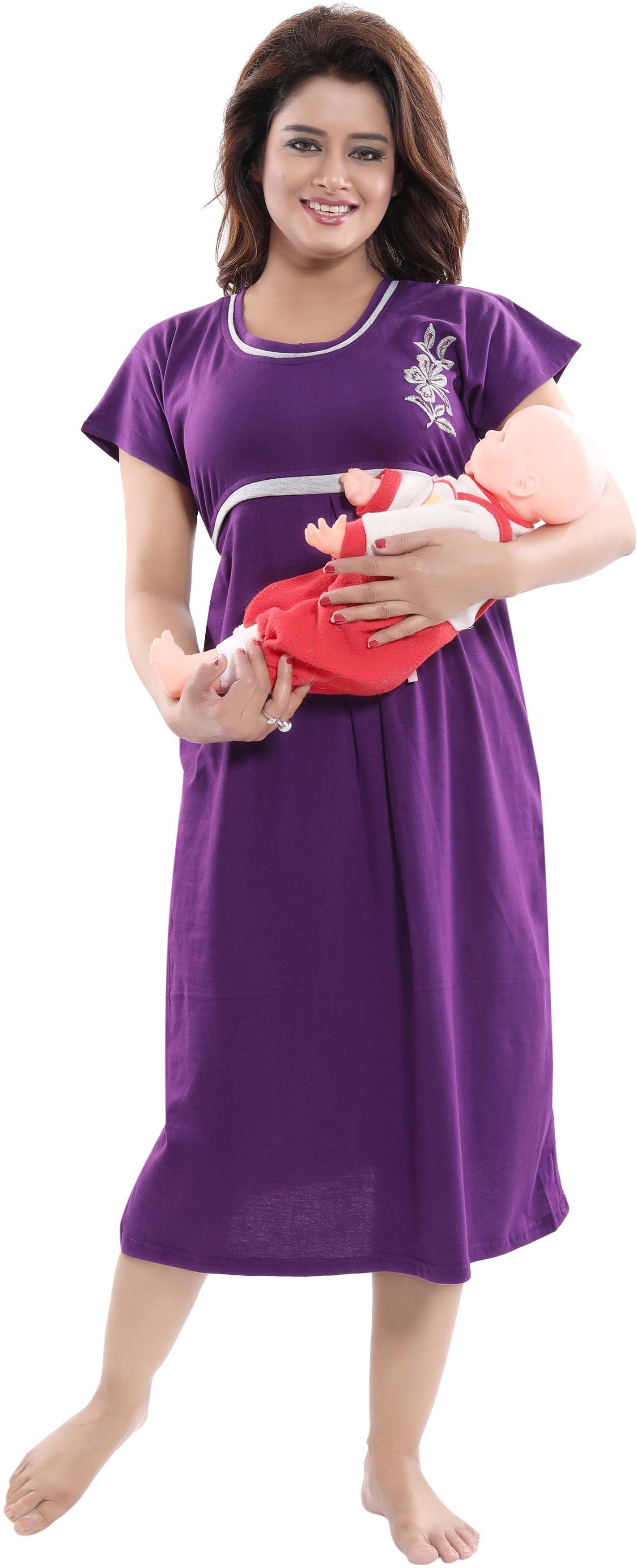 Fabme Women's Purple Horizontal Zip Sinker Cotton Knee Length Maternity Night Dress Nighty