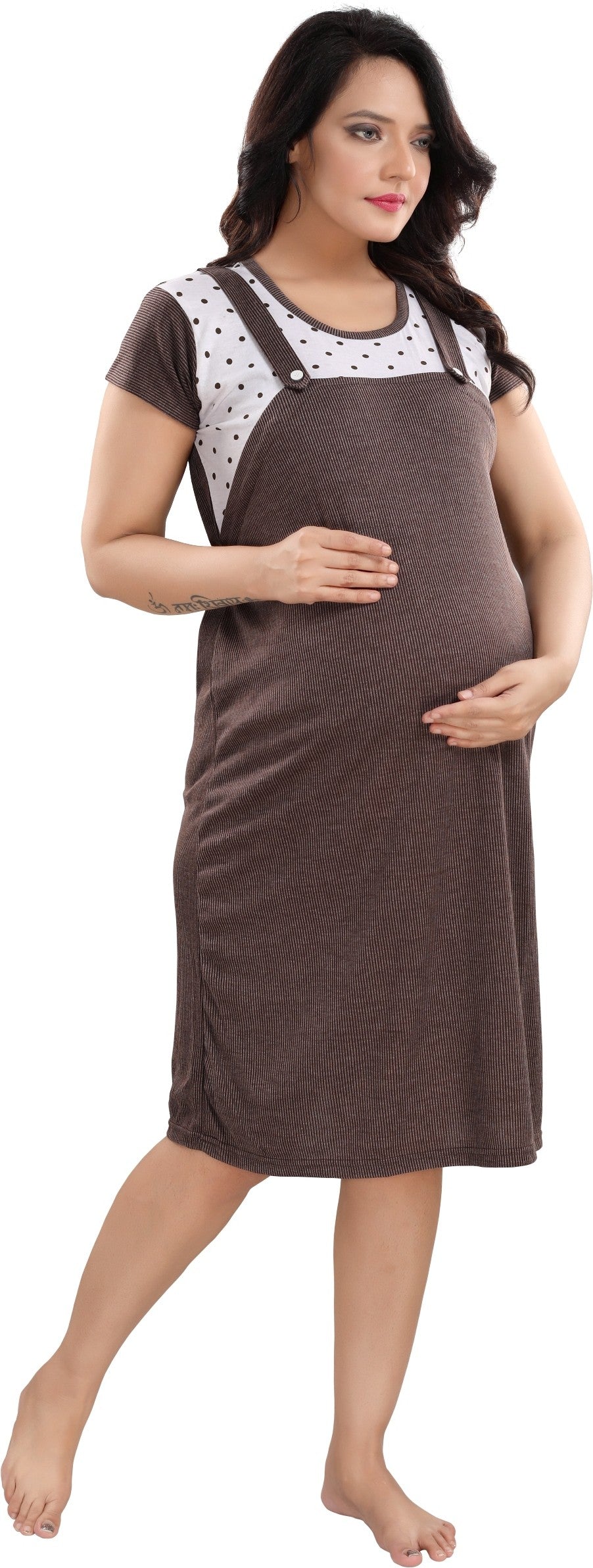 Fabme Women's Chocolate Horizontal Zip Polycotton Knee Length Maternity Night Dress Nighty
