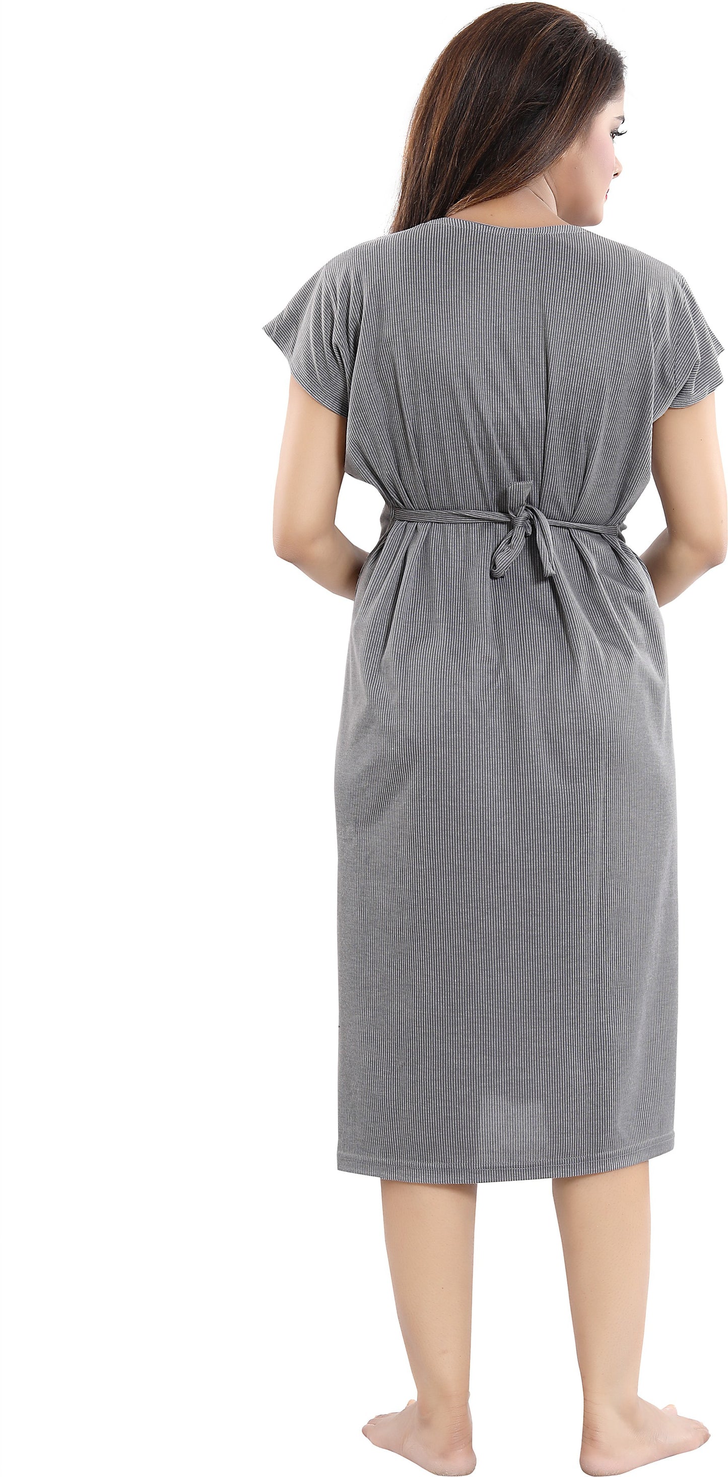 Fabme Women's LightGrey Horizontal Zip Polycotton Knee Length Maternity Night Dress Nighty