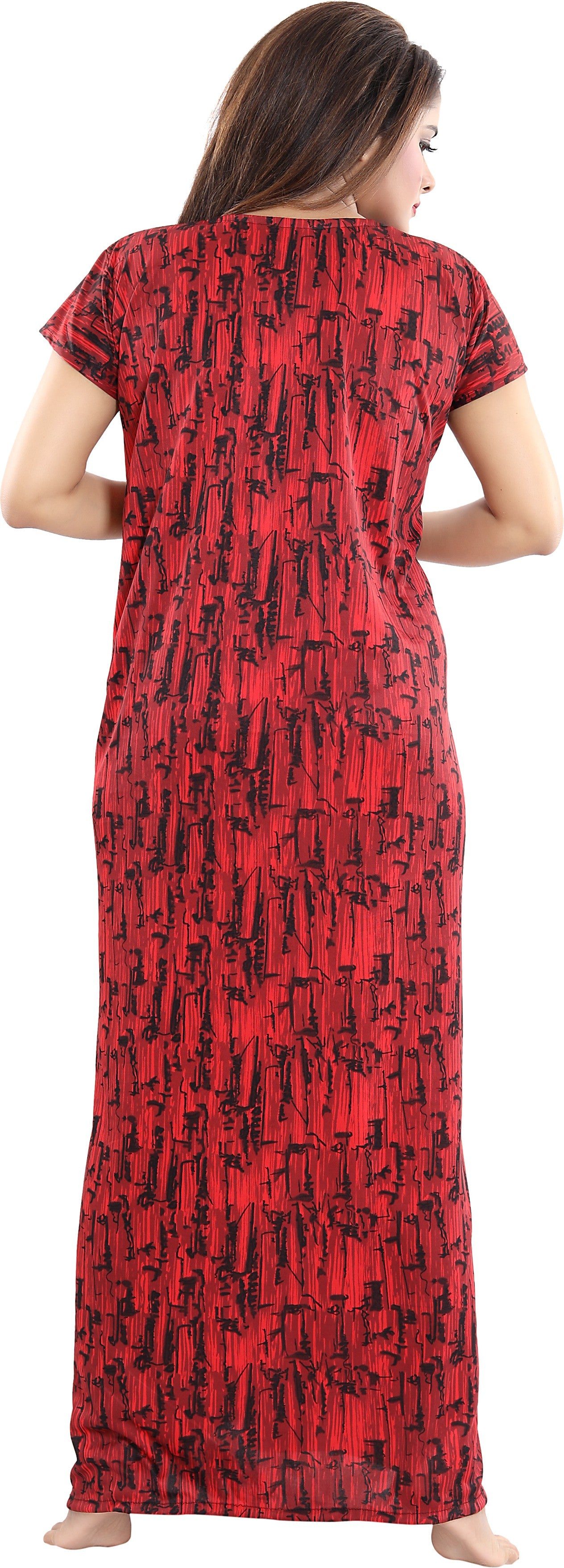 Fabme Women's Red Horizontal Zip Sarina Satin / Polyester Full Length Maternity Night Dress Nighty