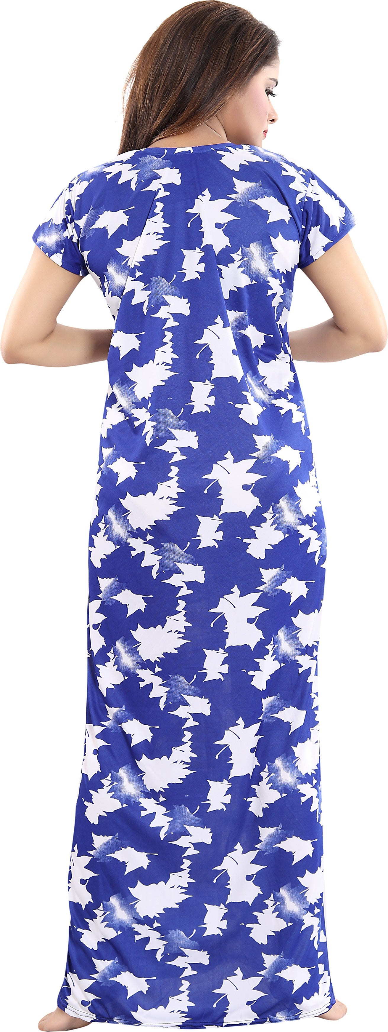 Fabme Women's Blue Horizontal Zip Sarina Satin / Polyester Full Length Maternity Night Dress Nighty