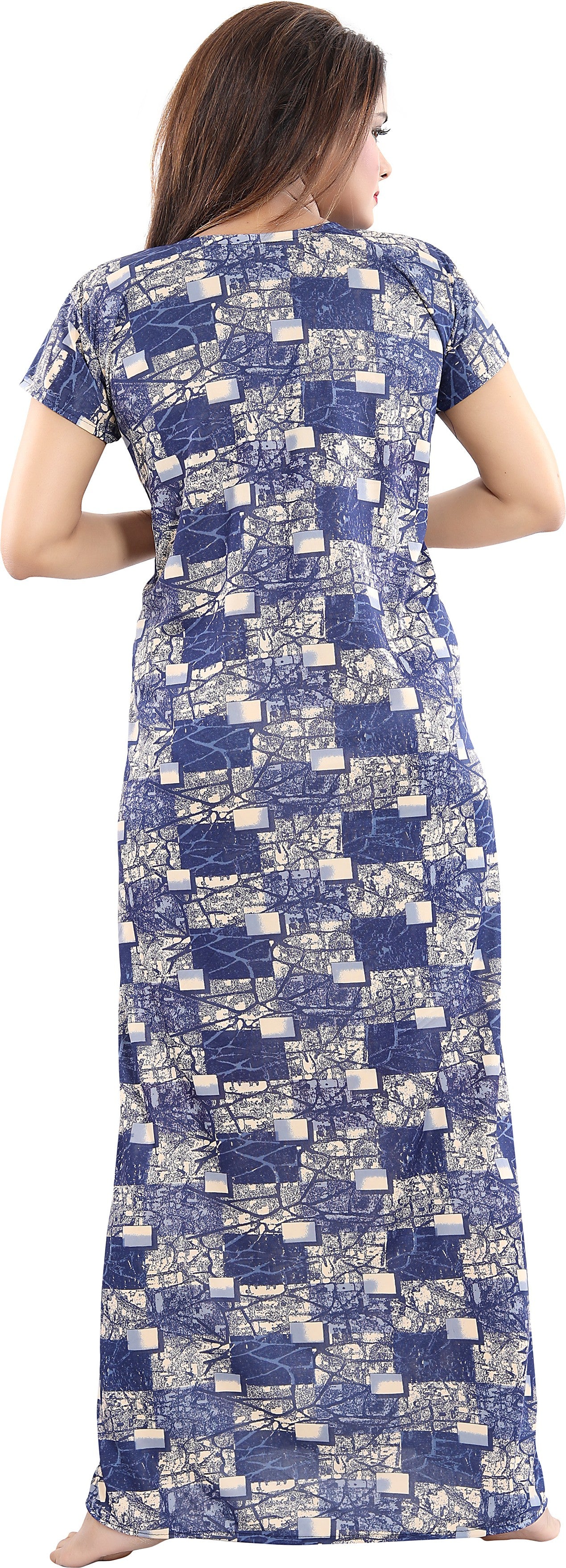 Fabme Women's Blue Horizontal Zip Sarina Satin / Polyester Full Length Maternity Night Dress Nighty