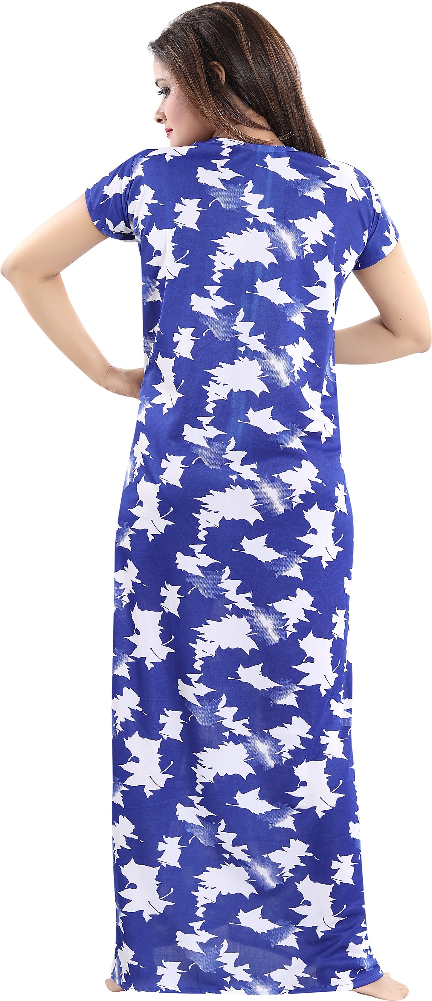 Fabme Women's Blue Horizontal Zip Sarina Satin / Polyester Full Length Maternity Night Dress Nighty