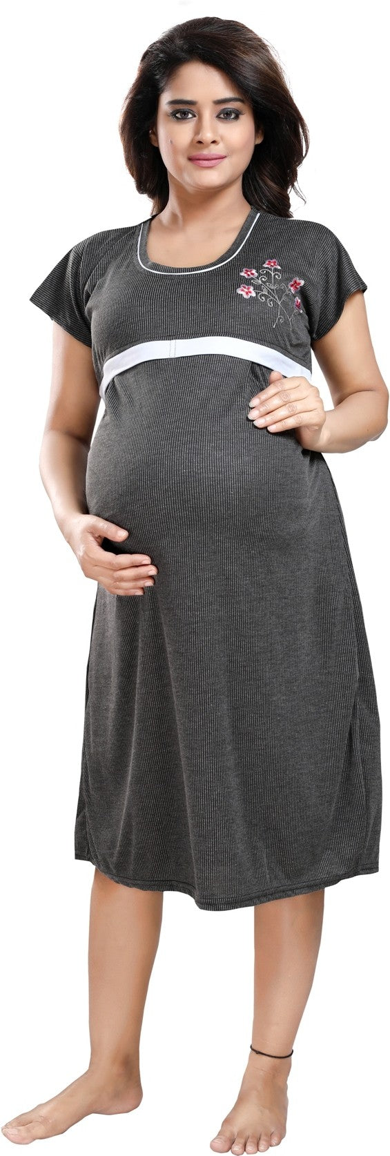 Fabme Women's Black Horizontal Zip Polycotton Full Length Maternity Night Dress Nighty
