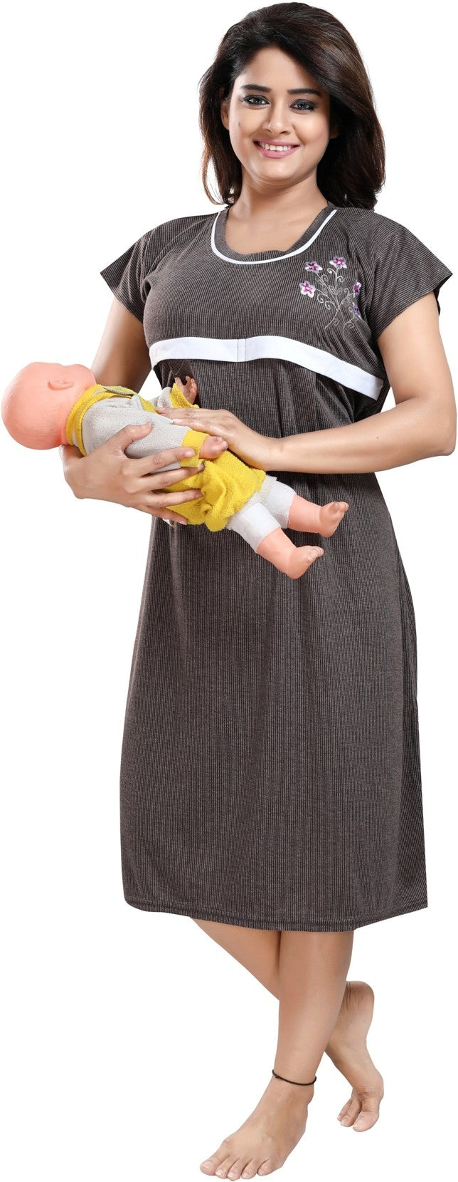Fabme Women's Chocolate Horizontal Zip Polycotton Full Length Maternity Night Dress Nighty