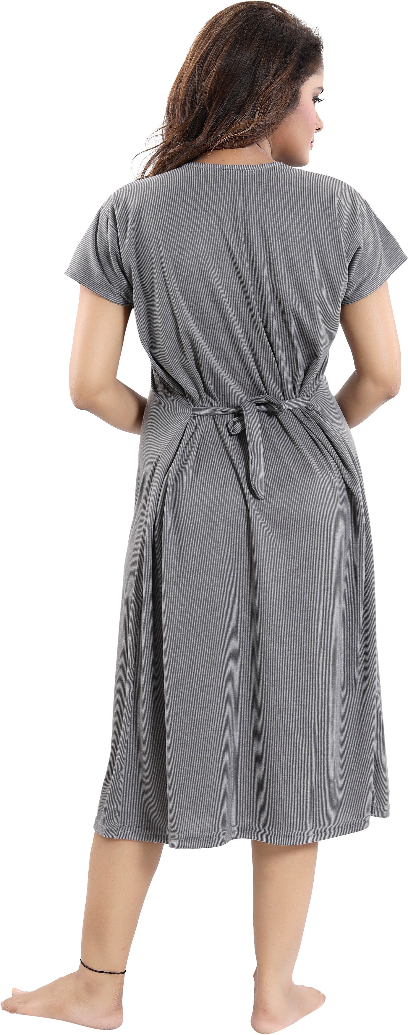 Fabme Women's LightGrey Horizontal Zip Polycotton Full Length Maternity Night Dress Nighty