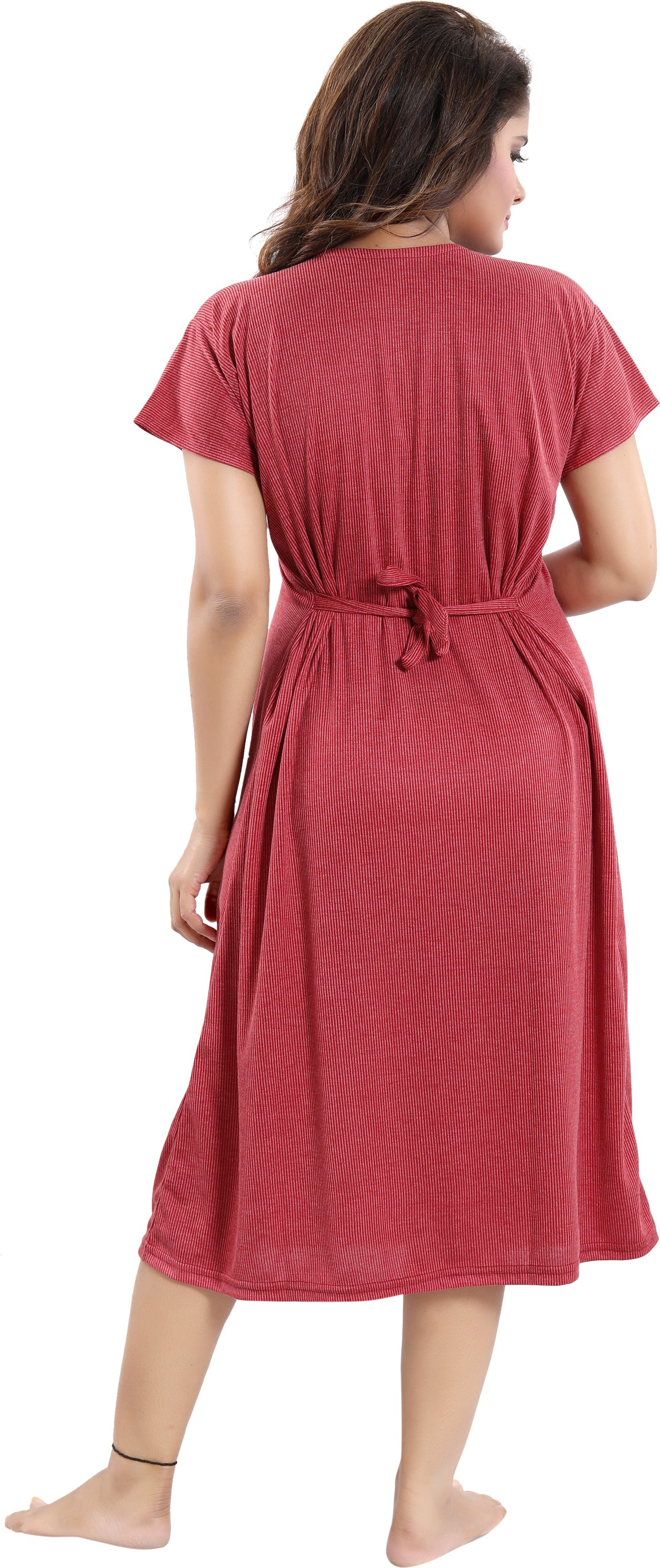 Fabme Women's Maroon Horizontal Zip Polycotton Full Length Maternity Night Dress Nighty
