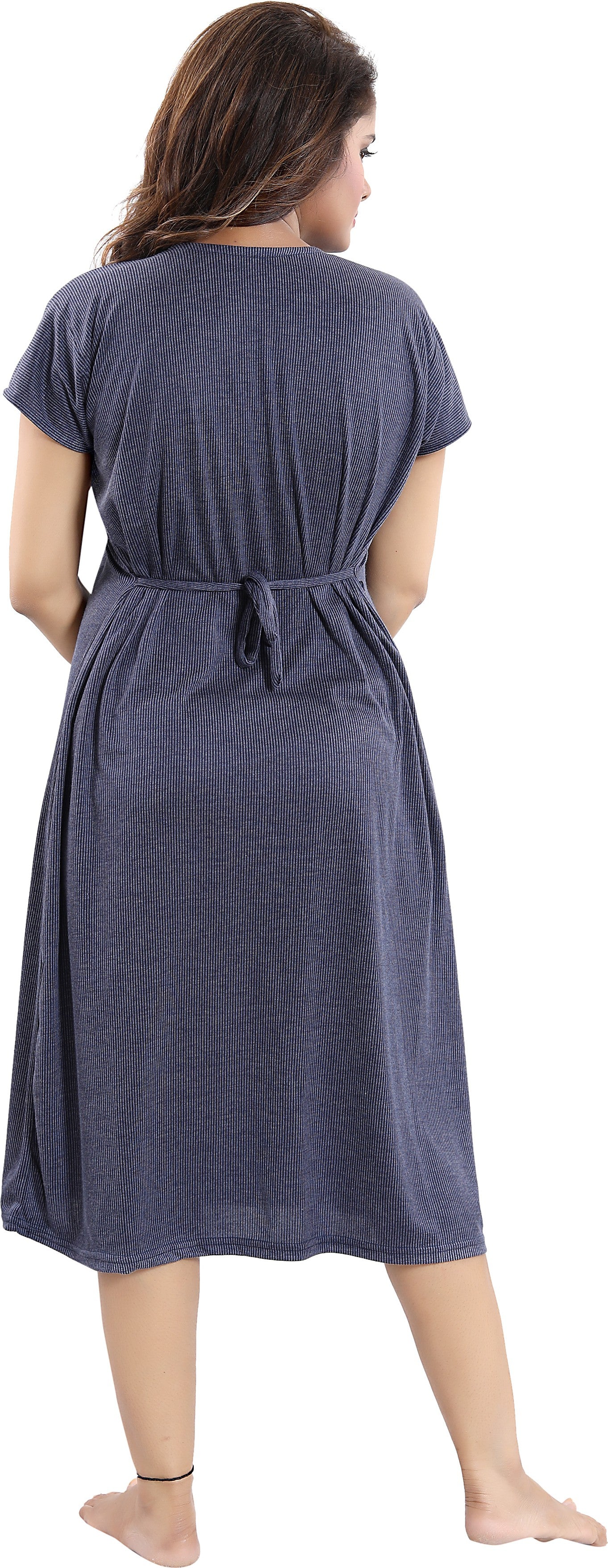 Fabme Women's Navy Blue Horizontal Zip Polycotton Full Length Maternity Night Dress Nighty