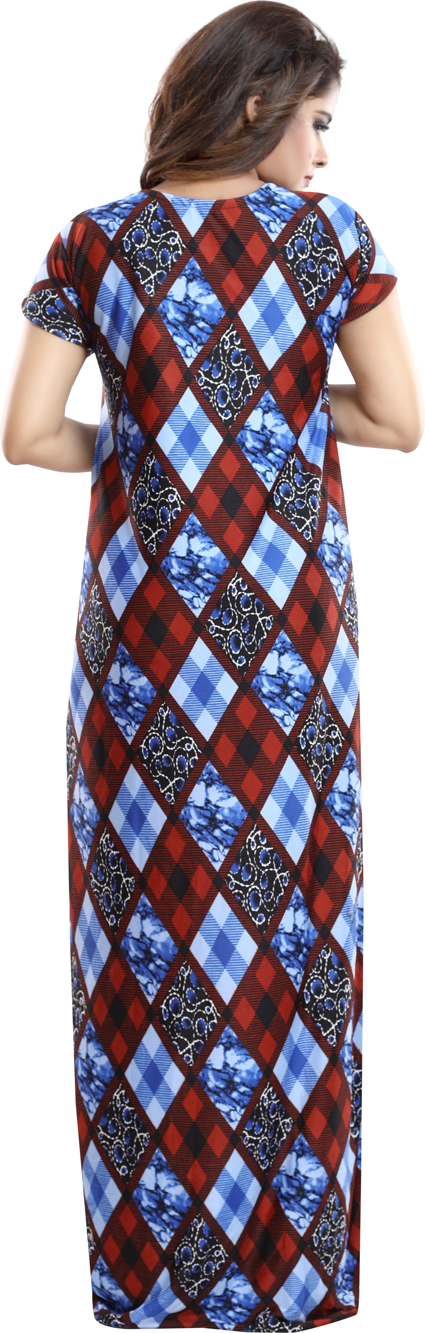 Fabme Women's Blue Horizontal Zip Sarina Satin / Polyester Full Length Maternity Night Dress Nighty