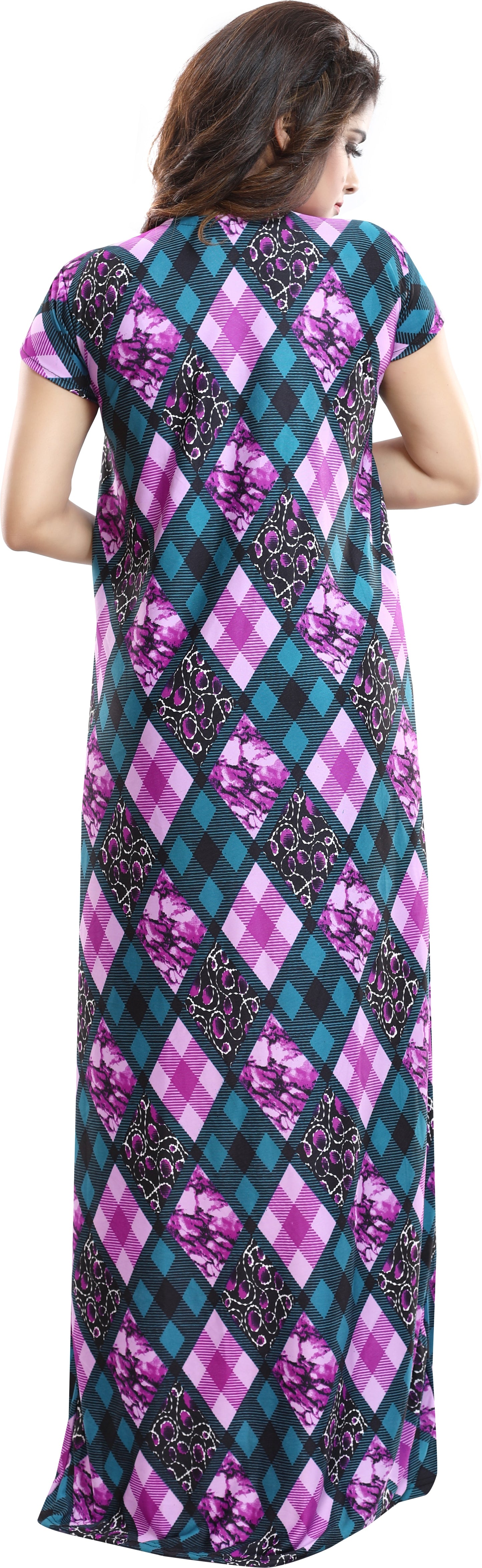 Fabme Women's Purple Horizontal Zip Sarina Satin / Polyester Full Length Maternity Night Dress Nighty