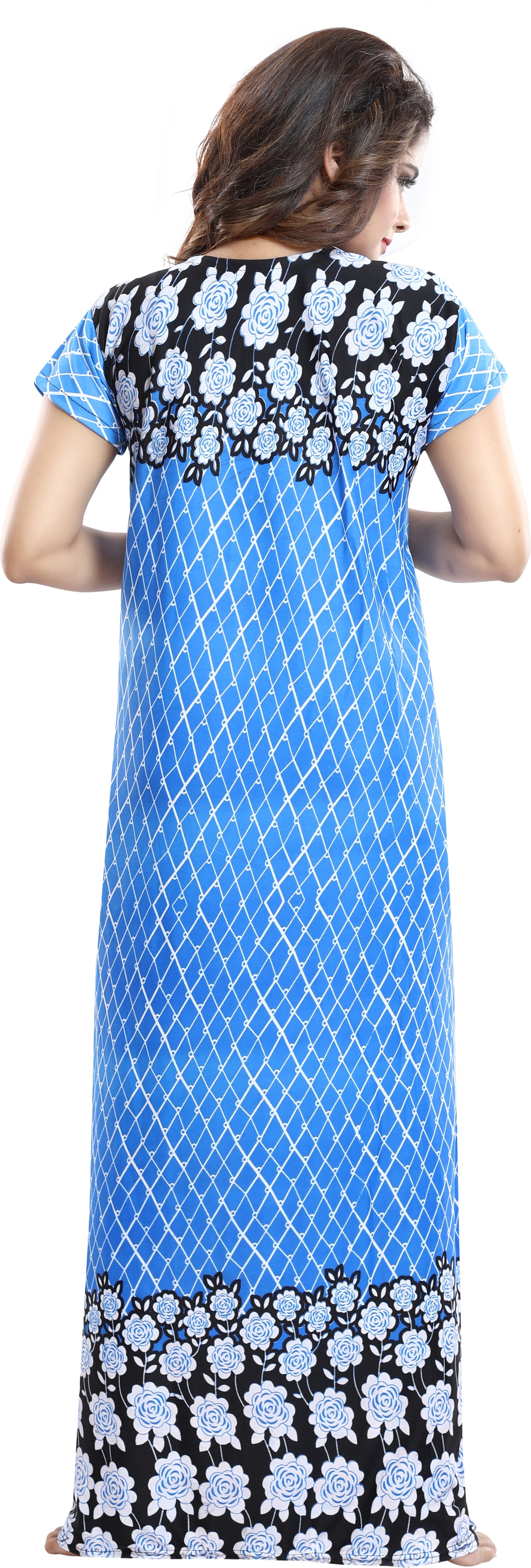 Fabme Women's Light Blue Horizontal Zip Sarina Satin / Polyester Full Length Maternity Night Dress Nighty